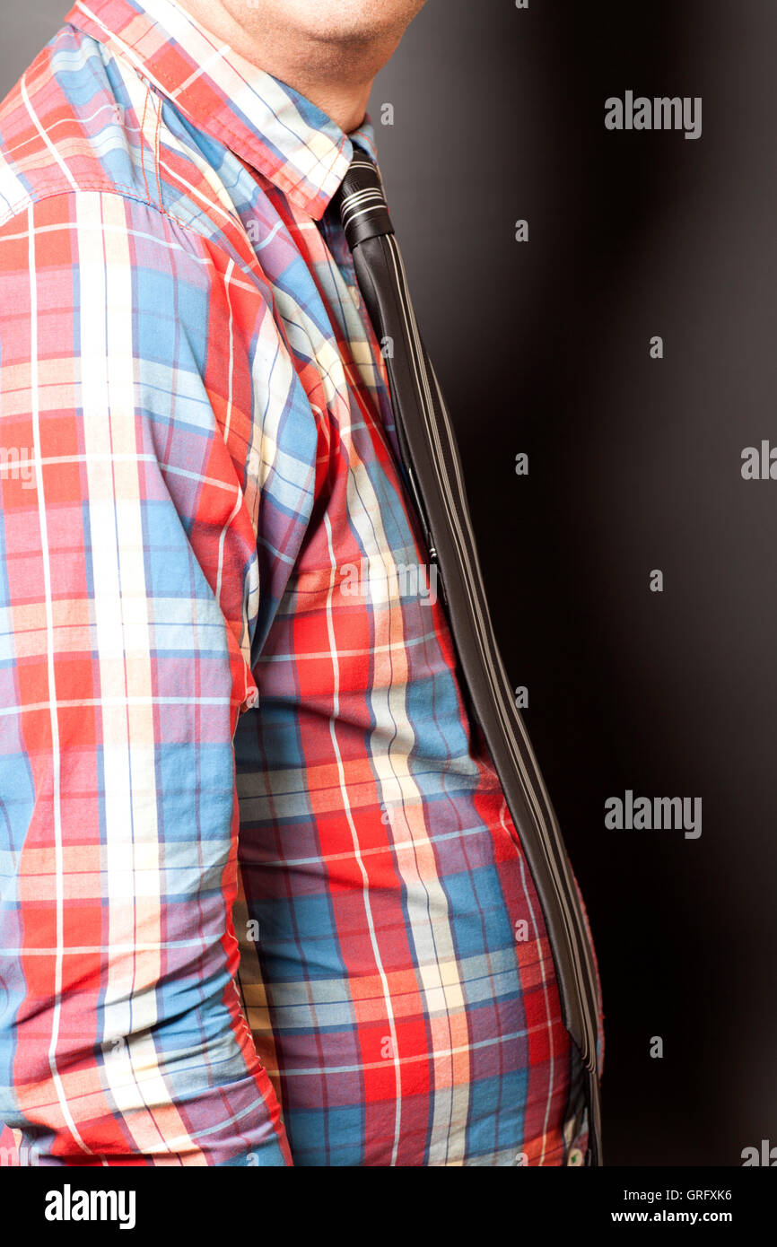 Man Dressed Checkered Shirt With Black Tie On Gray Background Stock