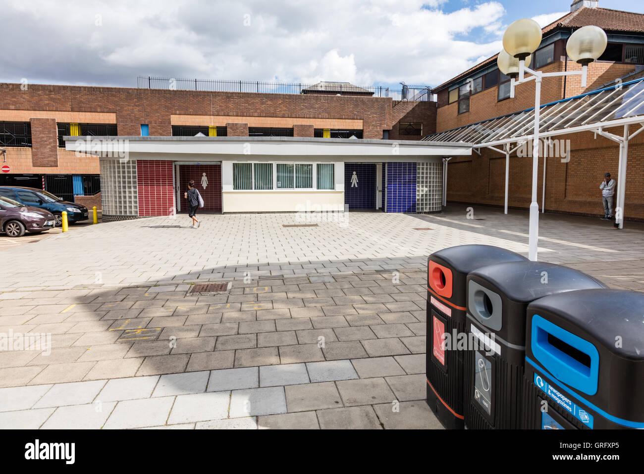 Recycling bins and public toilets at The Guineas shopping center