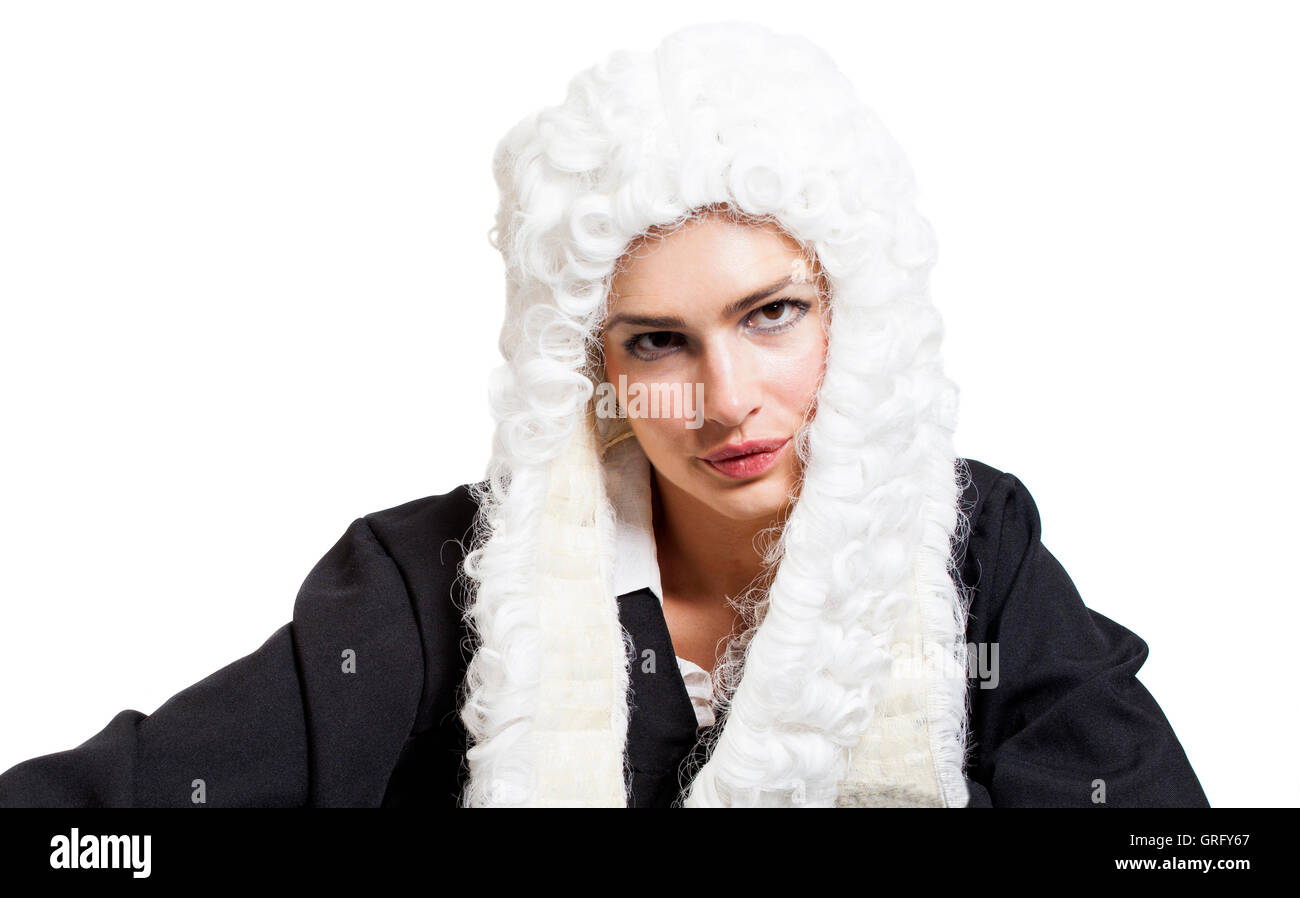 Female judge wearing a wig and black mantle isolated on white Stock Photo -  Alamy