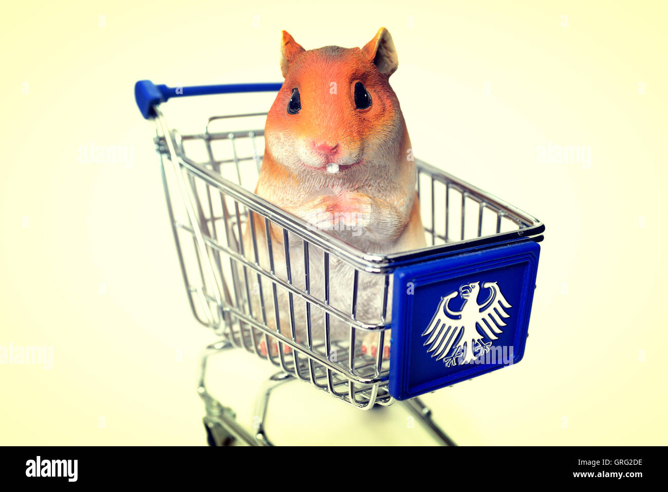 Hamster figure sitting in a shopping cart with German Federal Eagle, hoarding Stock Photo