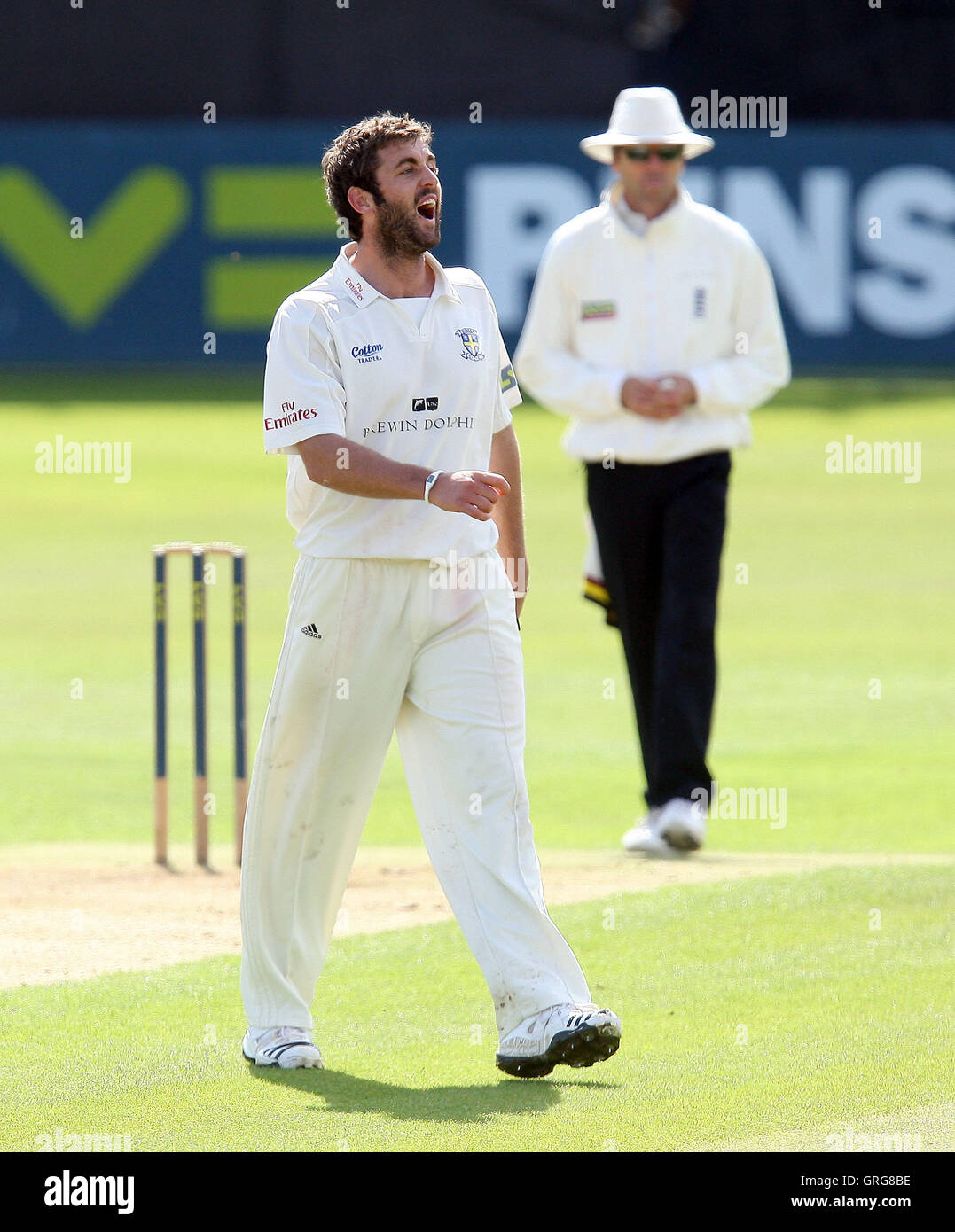 Liam Plunkett of Durham celebrates the wicket of Alastair Cook - Essex CCC vs Durham CCC - LV County Championship Cricket at the Ford County Ground, Chelmsford -  07/09/10 Stock Photo
