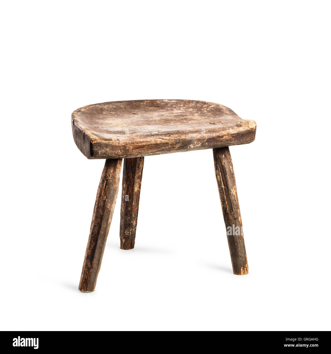 Vintage stool isolated on white background. Antique three legs chair. Single object with clipping path Stock Photo