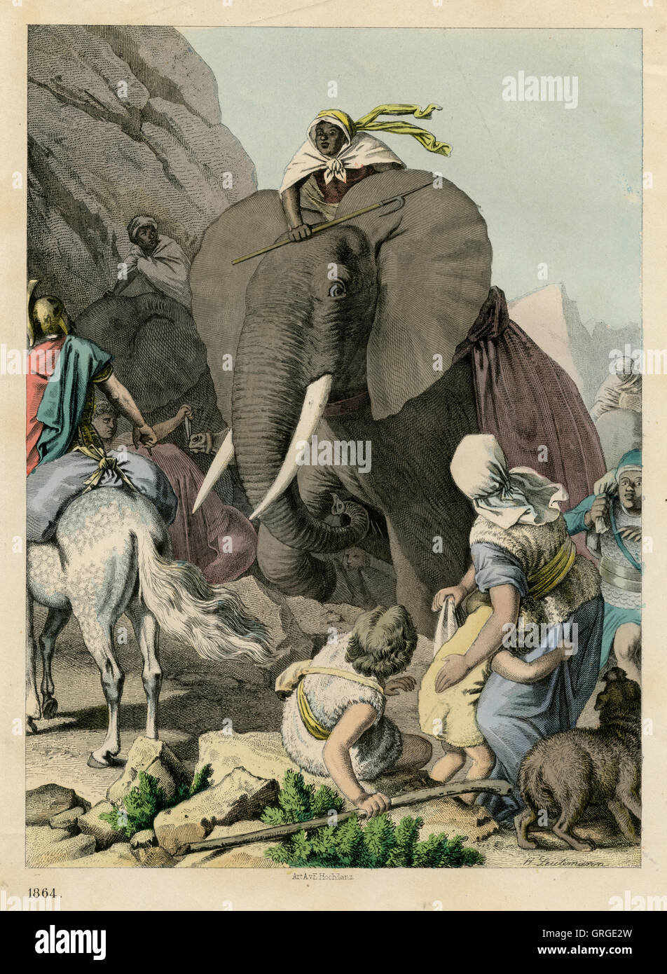 Hannibal conquering the Alps with his elephants Stock Photo