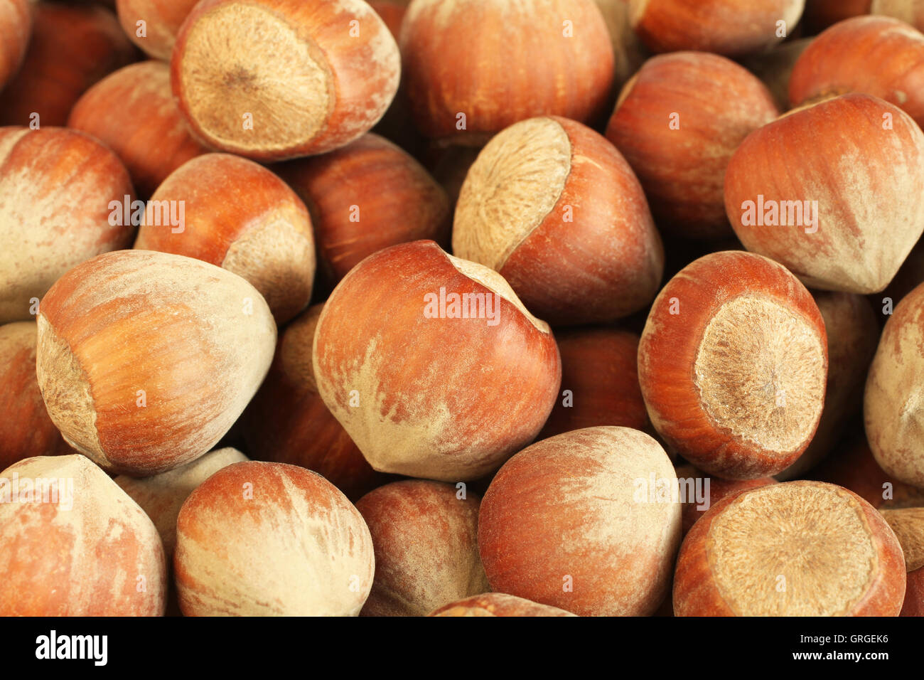 Unshelled hazelnuts heap. Closeup Stock Photo