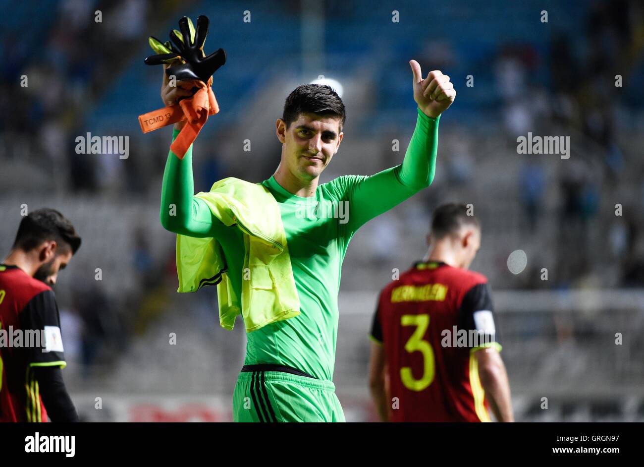 GSP Stadium, Cyprus. 06th Sep, 2016. World Cup 2018 qualification football. Cyrpus versus Belgium. Thibaut Courtois goalkeeper of Belgium appreciates the travelling fans at full time © Action Plus Sports/Alamy Live News Stock Photo