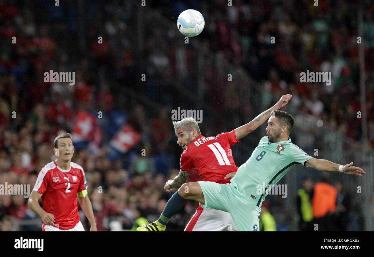 Basel, Switzerland. 6 September 2016 Joao Moutinho and Valon Behrami in action during the qualifying match of the World Cup Group B Switzerland against Portugal at St Jakob Park in Basel, Switzerland Credit:  Laurent Lairys/Agence Locevaphotos/Alamy Live News Stock Photo