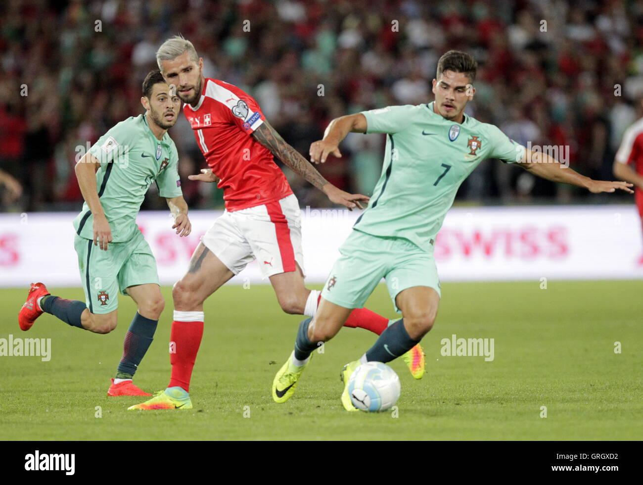 Basel, Switzerland. 6 September 2016 José Fonté and Valon Behrami  in action during the qualifying match of the World Cup Group B Switzerland against Portugal at St Jakob Park in Basel, Switzerland Credit:  Laurent Lairys/Agence Locevaphotos/Alamy Live News Stock Photo