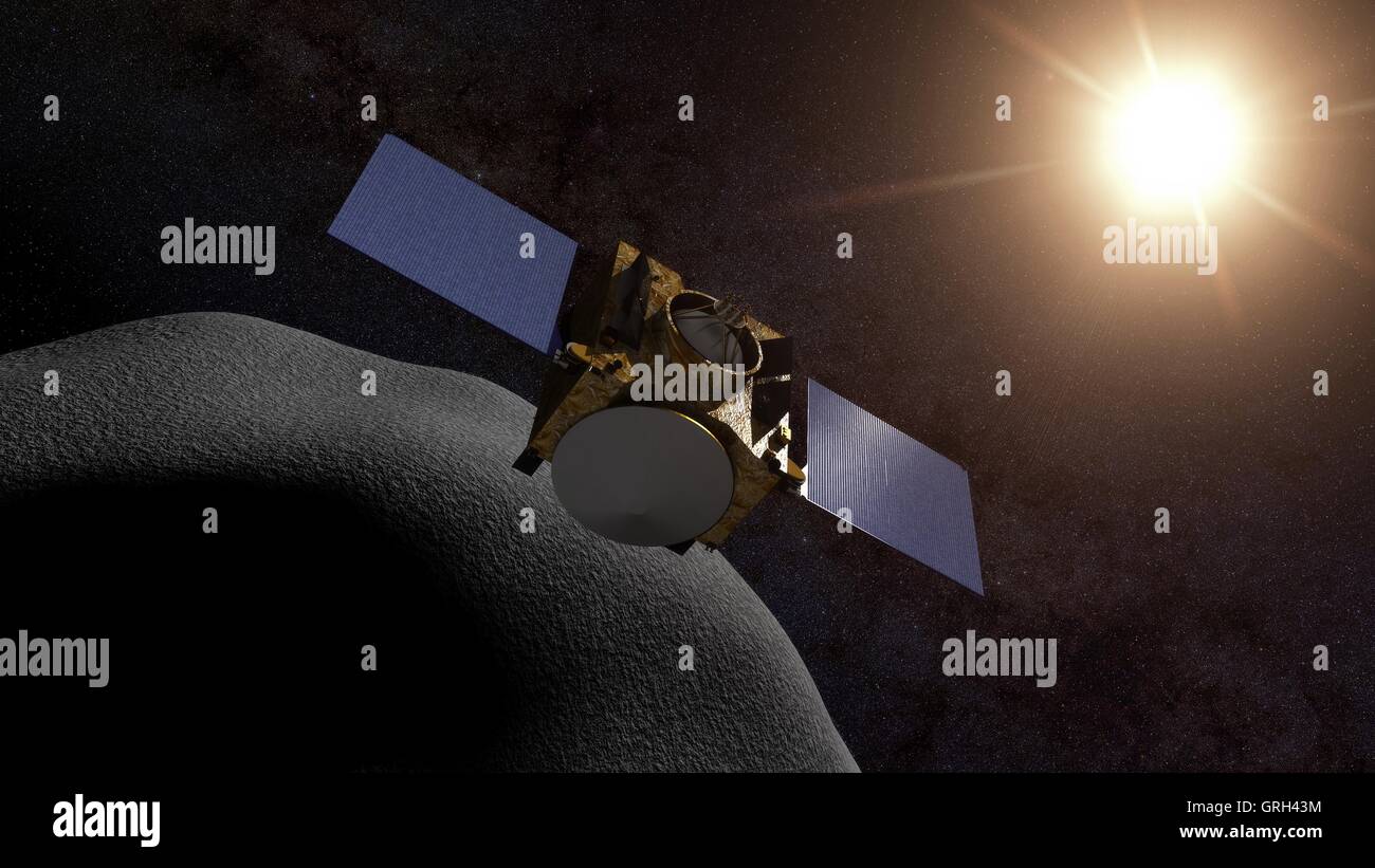 An illustration of the NASA OSIRIS-REx spacecraft orbiting the asteroid Bennu. The probe will launch aboard a United Launch Alliance Atlas rocket September 8, 2016 from the Kennedy Space Center and plans to orbit and retrieve samples from the asteroid Bennu and return it to Earth for study. © Planetpix/Alamy Live News Stock Photo