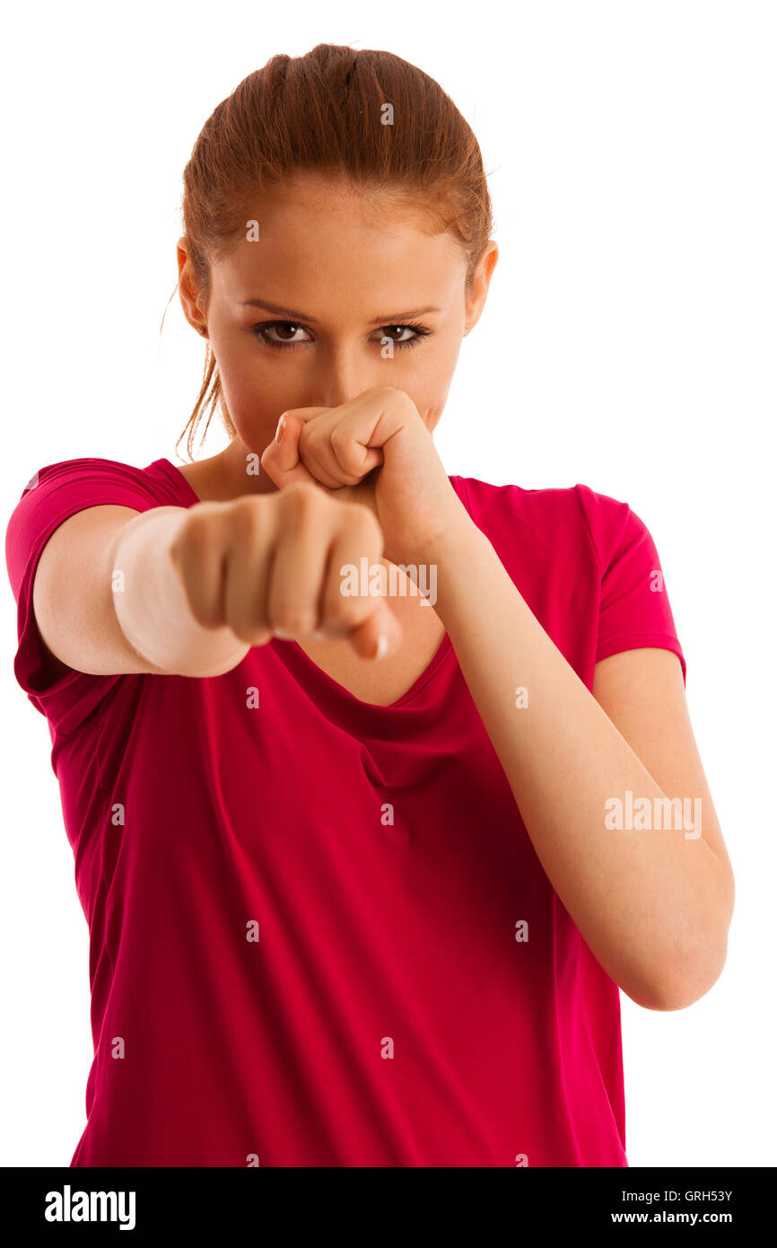 boxing - woman punching in front isolated over white background Stock Photo