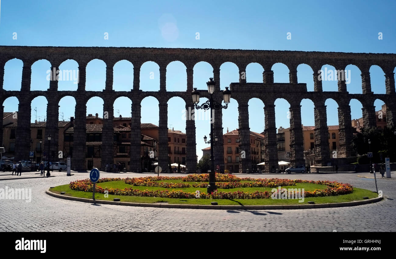 The Roman aqueduct is seen in Segovia, Spain August 22, 2016. Copyright photograph John Voos Stock Photo