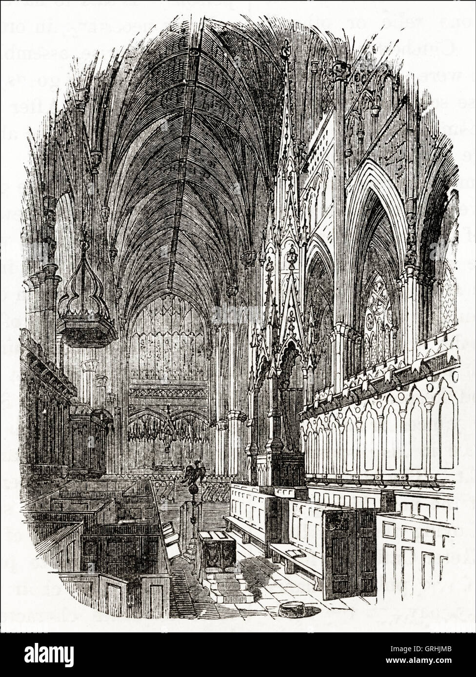 Interior of Exeter Cathedral. Victorian woodcut engraving circa 1845. Stock Photo