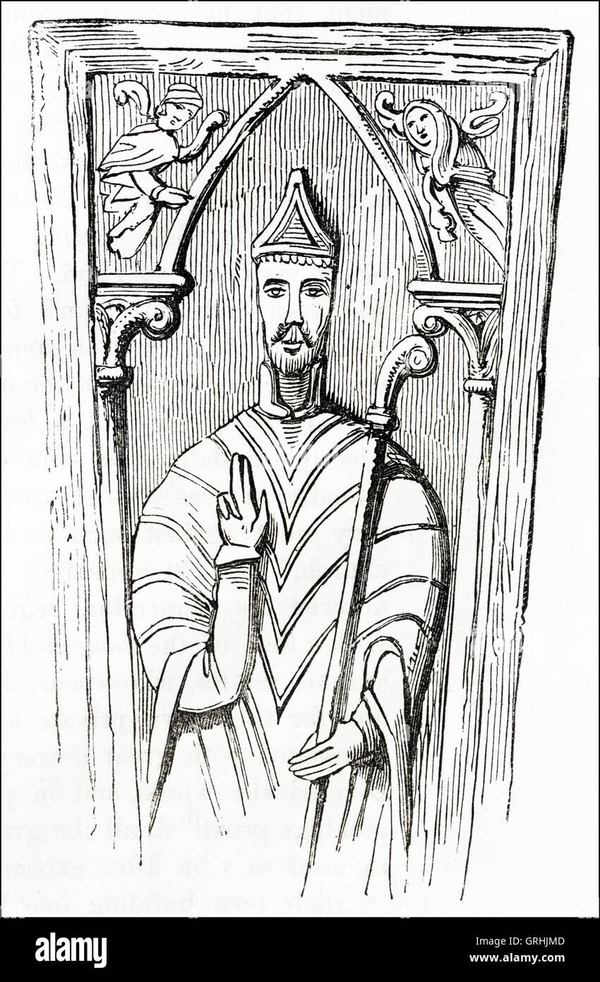 Effigy of Bartholomew Iscanus Bishop of Exeter 1161 - 1184 in Exeter Cathedral. Victorian woodcut engraving circa 1845. Stock Photo