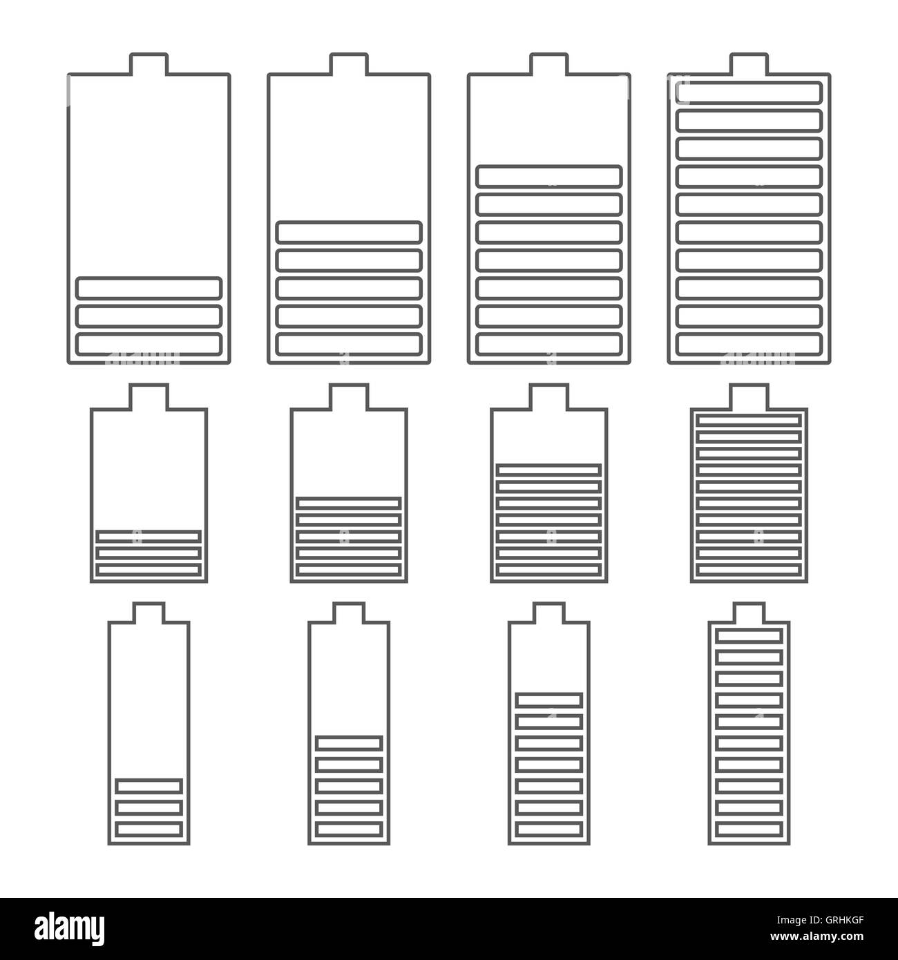 Set of linear battery icons, vector illustration. Stock Vector