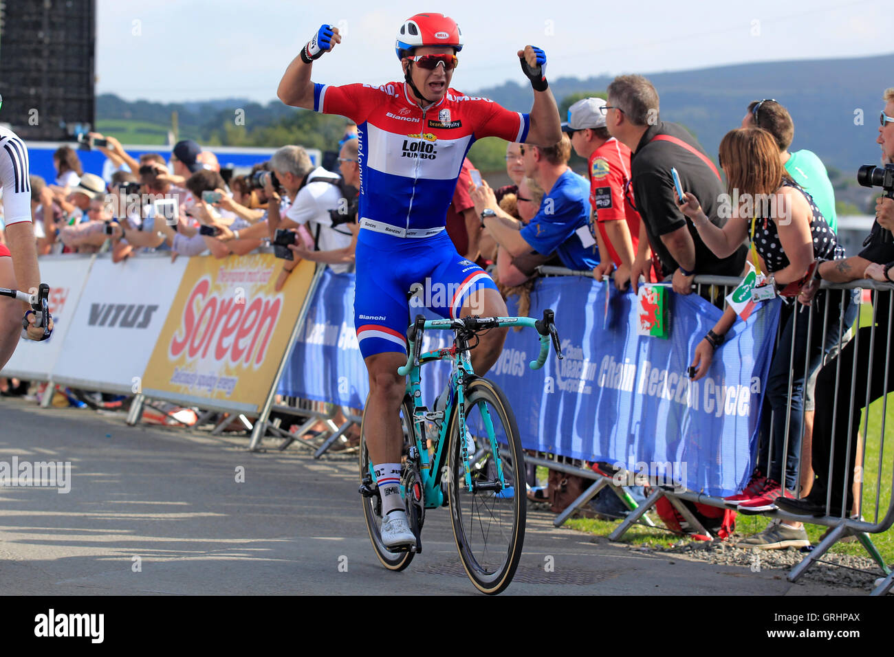 Dylan Groenewegen of Team LottoNL Jumbo celebrates winning stage four of the 2016 Tour of Britain. Stock Photo