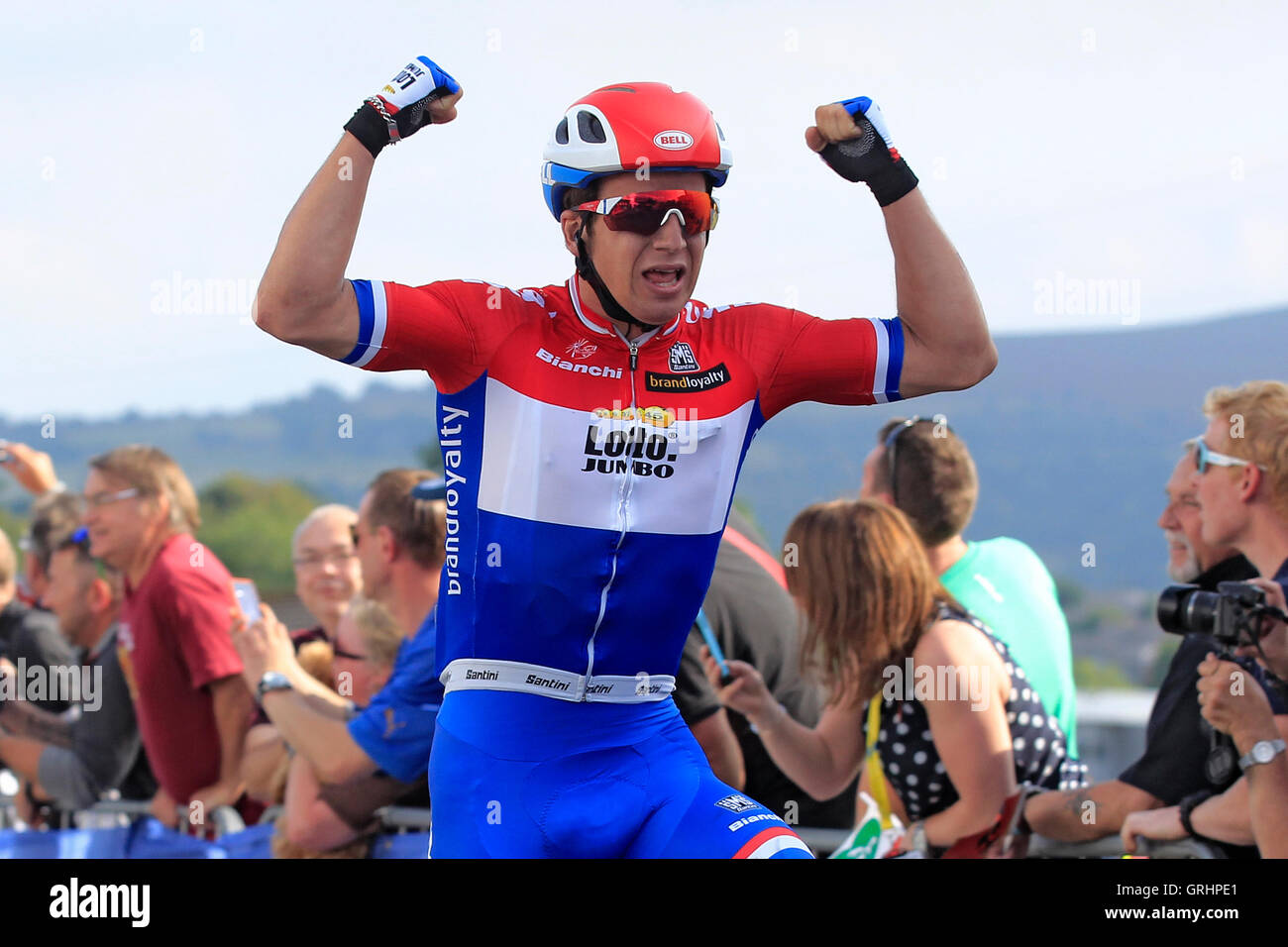 Dylan Groenewegen of Team LottoNL Jumbo celebrates winning stage four of the 2016 Tour of Britain. Stock Photo