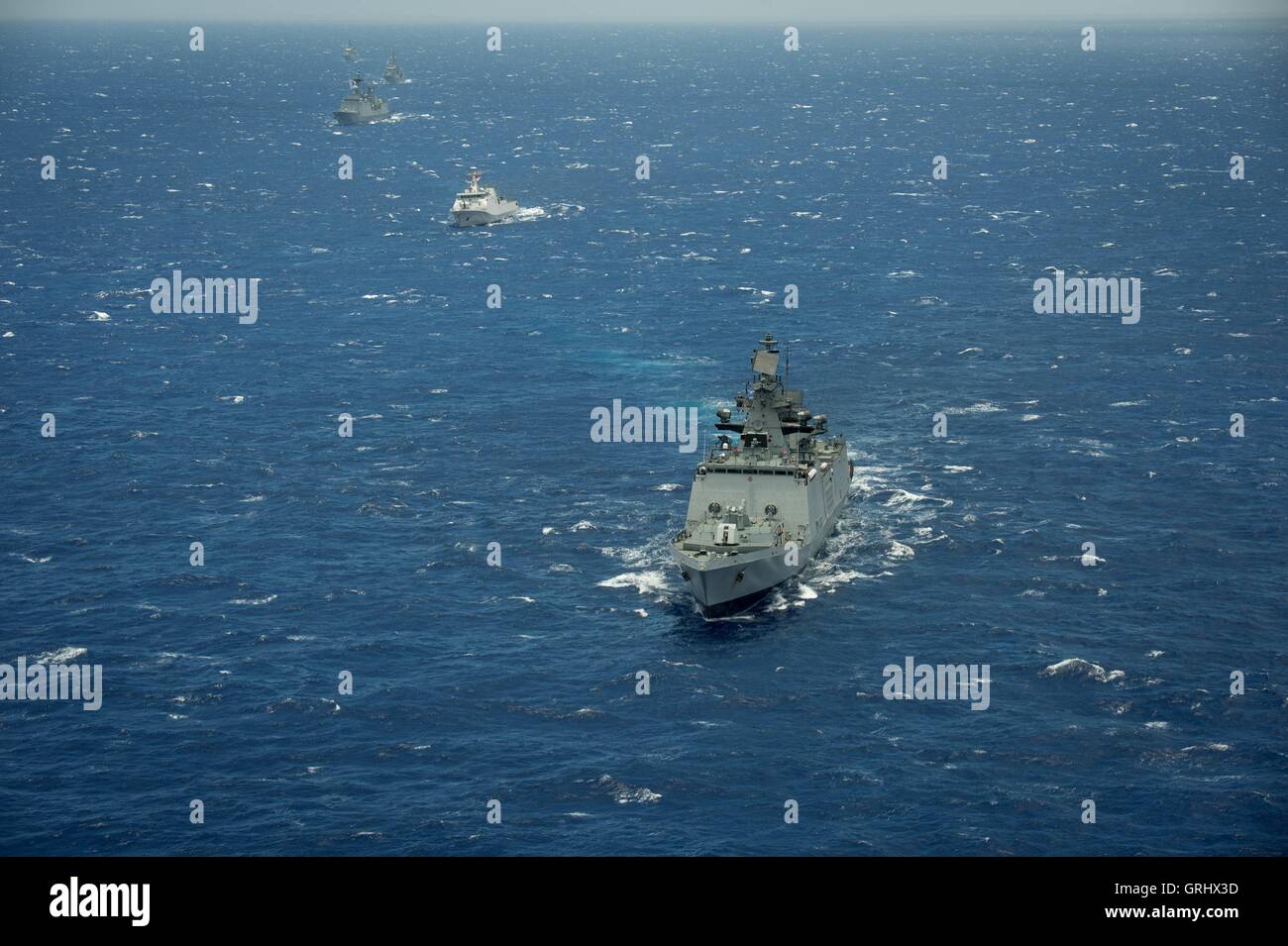 Indian Navy Shivalik-class stealth frigate INS Satpura steams in close formation during Rim of the Pacific exercises July 28, 2016 in and around the Hawaiian Islands and Southern California. Stock Photo