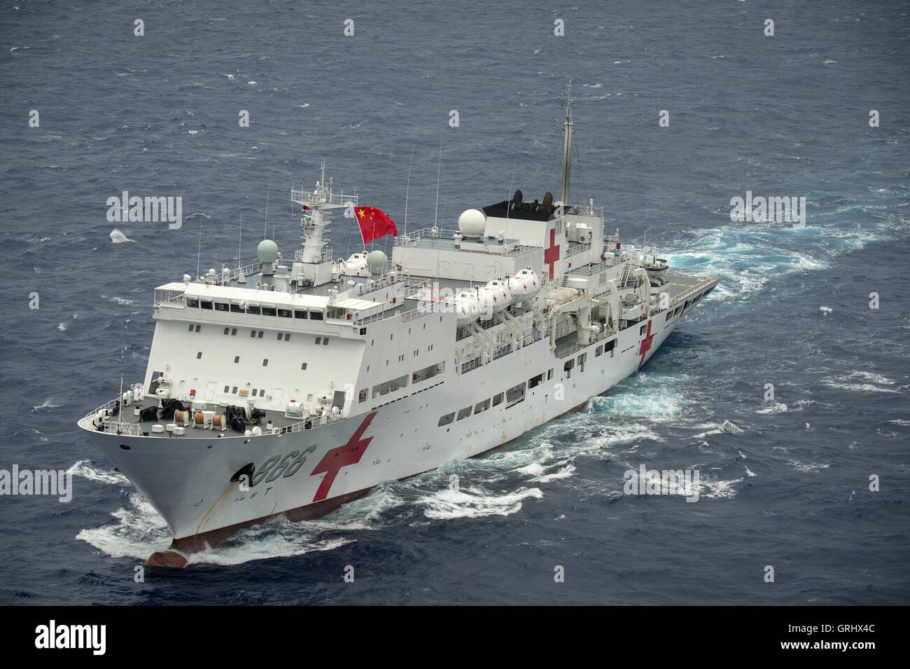 Chinese Navy hospital ship Peace Ark steams in close formation during Rim of the Pacific exercises July 28, 2016 in and around the Hawaiian Islands and Southern California. Stock Photo