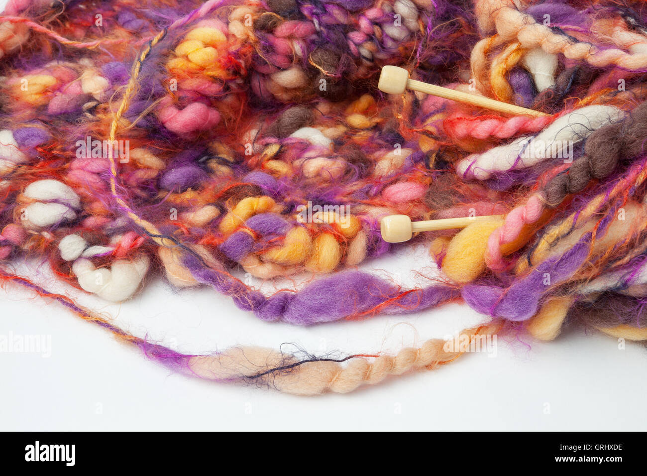 Image of colorful mohair yarn and needles. Stock Photo