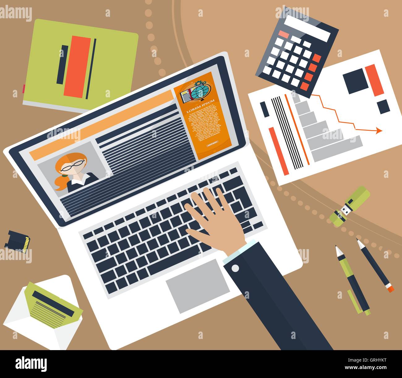 Top view of workplace with documents and laptop. Concepts for business