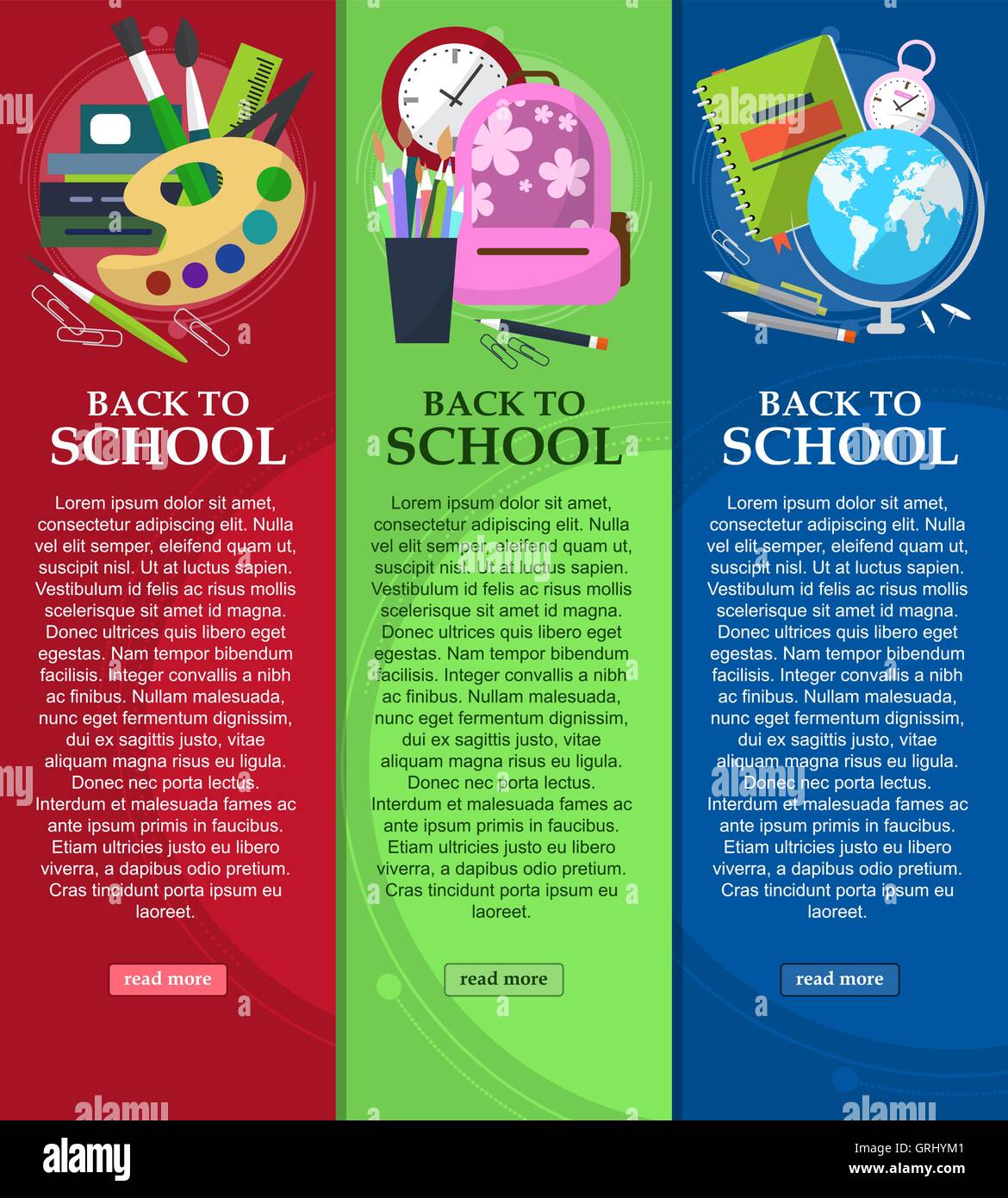 Bright banners back to school with schoolbag, globe, books and stationery with place for your text. Vector Stock Vector