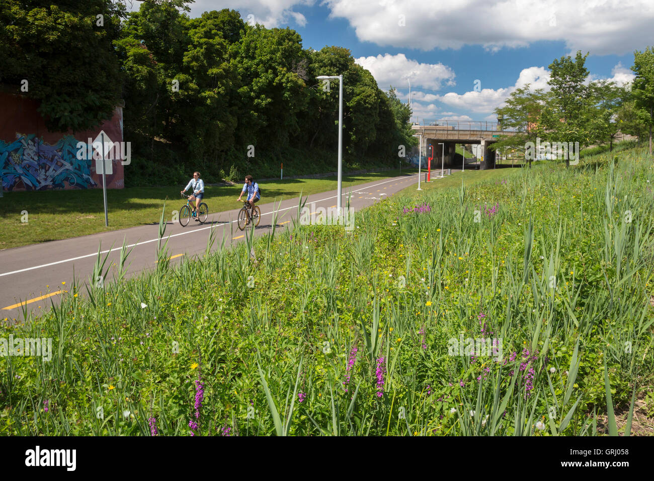 Detroit, Michigan - The Dequindre Cut Greenway, a hiking/biking path, follows the route of the former Grand Trunk Railroad. Stock Photo