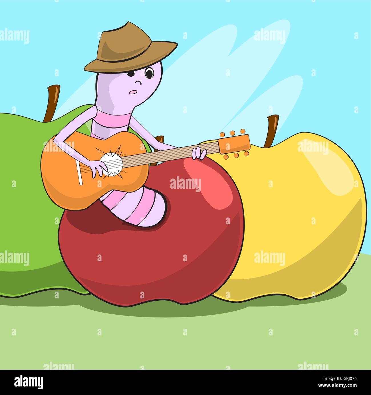 Cheerful worm crawled out of the apple and plays guitar. Vector Stock Vector