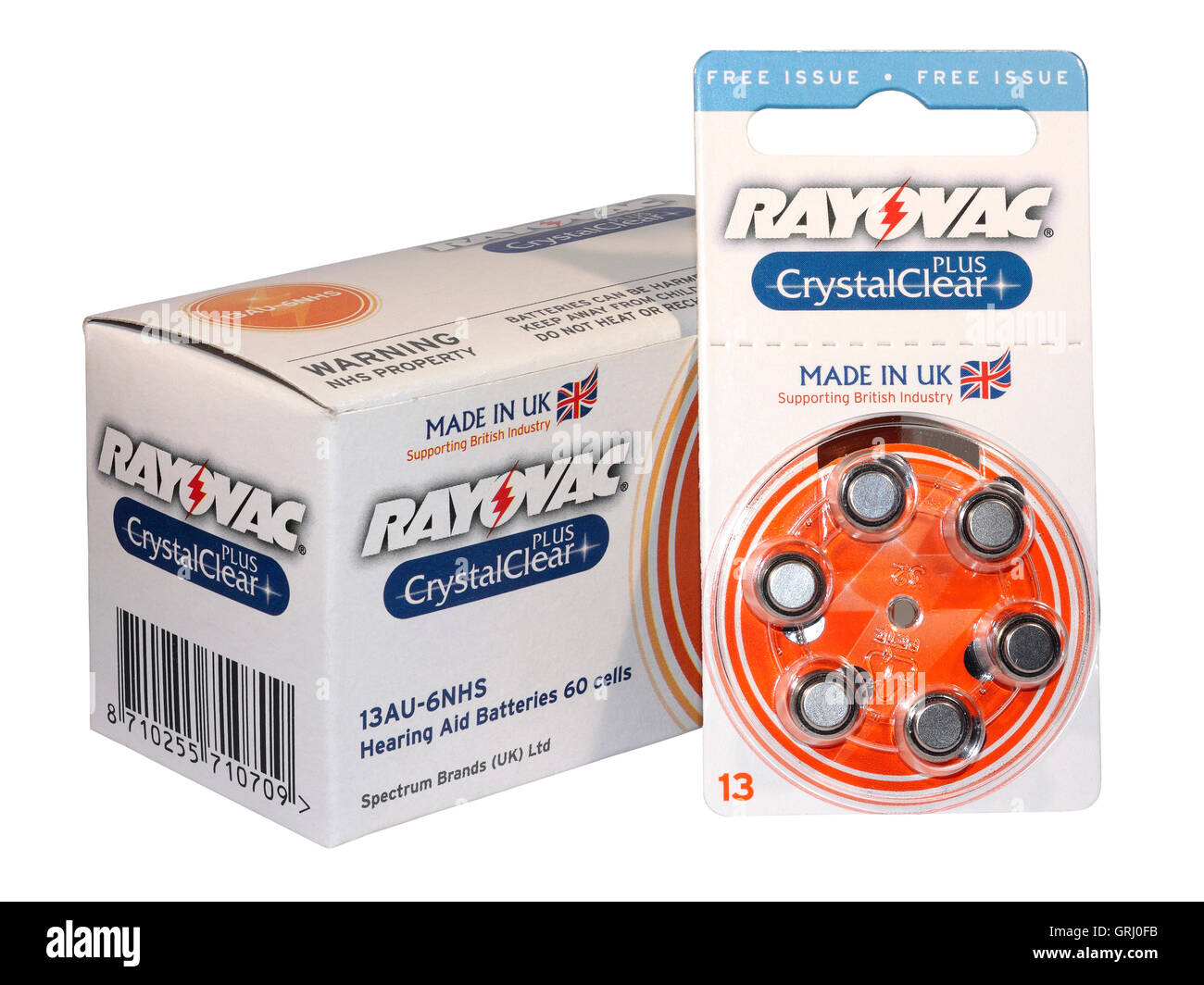 A National Health free issue pack of 60 Rayovac hearing aid batteries isolated on a white background Stock Photo