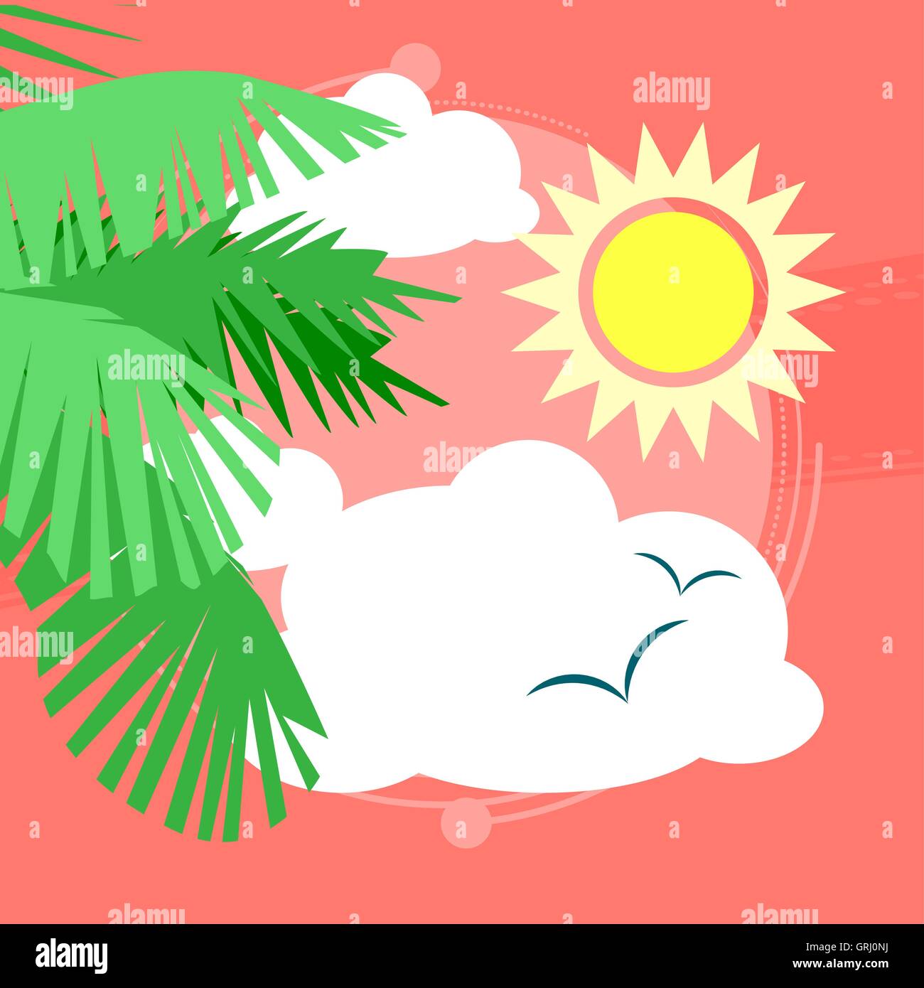 Sunny day at the spa with a view of palm trees and seagulls in the sky. Vector Stock Vector