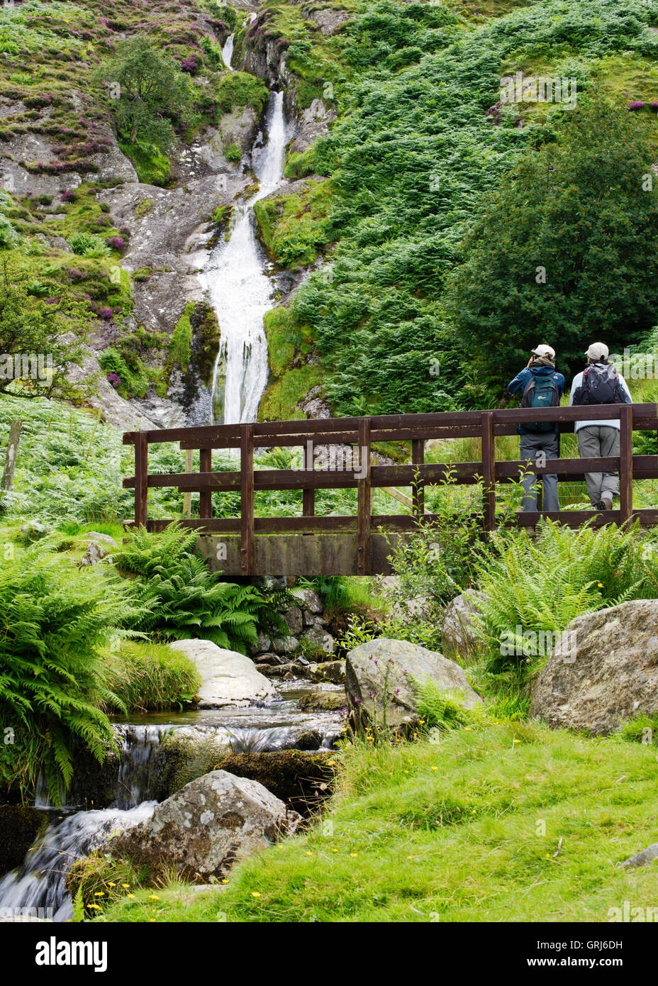 Two walkers admiring the Rhaeadr-bach waterfall above Abergwyngregyn,  Gwynedd, Wales, UK Stock Photo