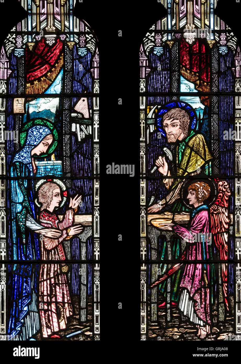 The Holy Family with a winged angel in Joseph's workshop, Church of St. Joseph, Colwyn Bay, Conwy, Wales, UK Stock Photo