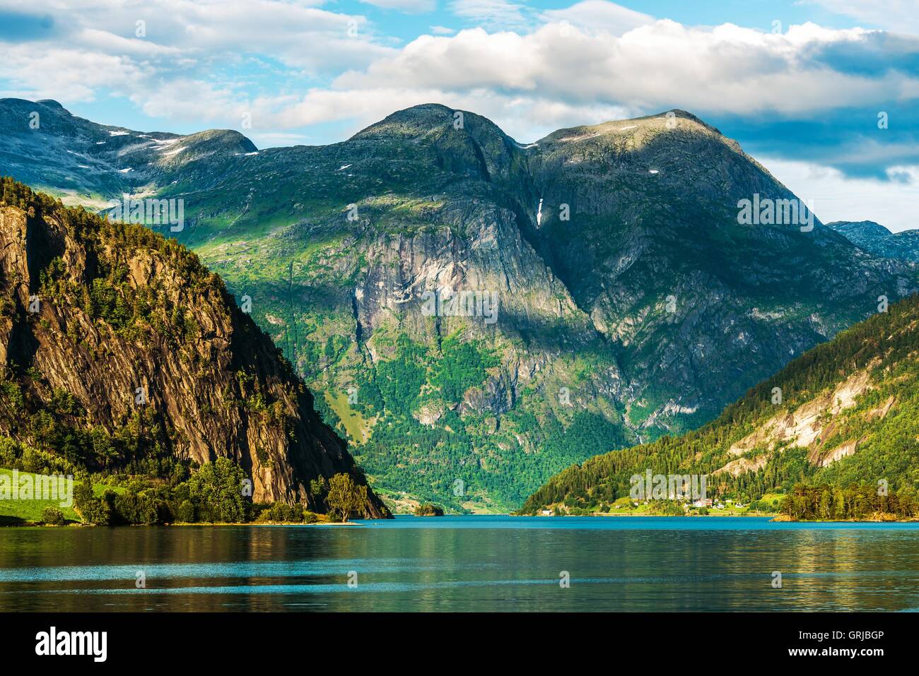Norwegian Scenic Landscape. Oppstryn, Norway Scenic Glacial Lake in Summer. Stock Photo