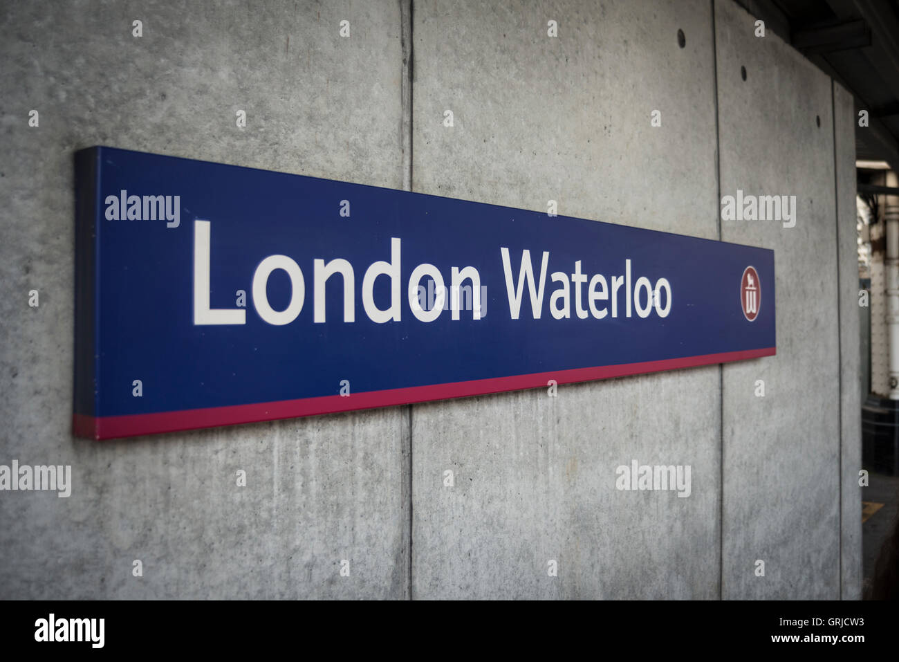 London Waterloo station sign on a wall by the platform Stock Photo