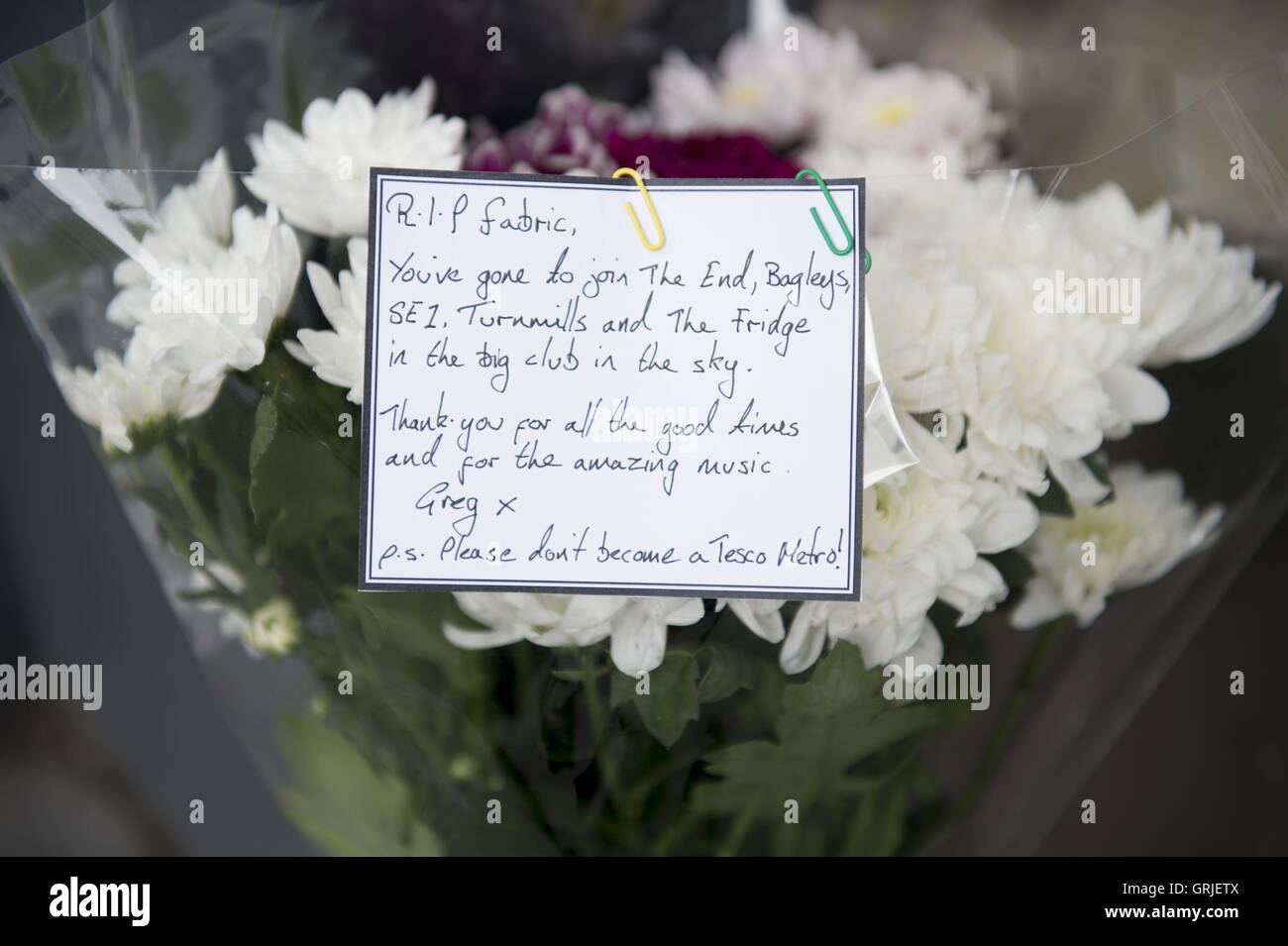 Flowers left outside Fabric nightclub in London, as Mayor Sadiq Khan has criticised the decision to close one of the capital's biggest nightclubs and warned of the decline of the city's nightlife. Stock Photo