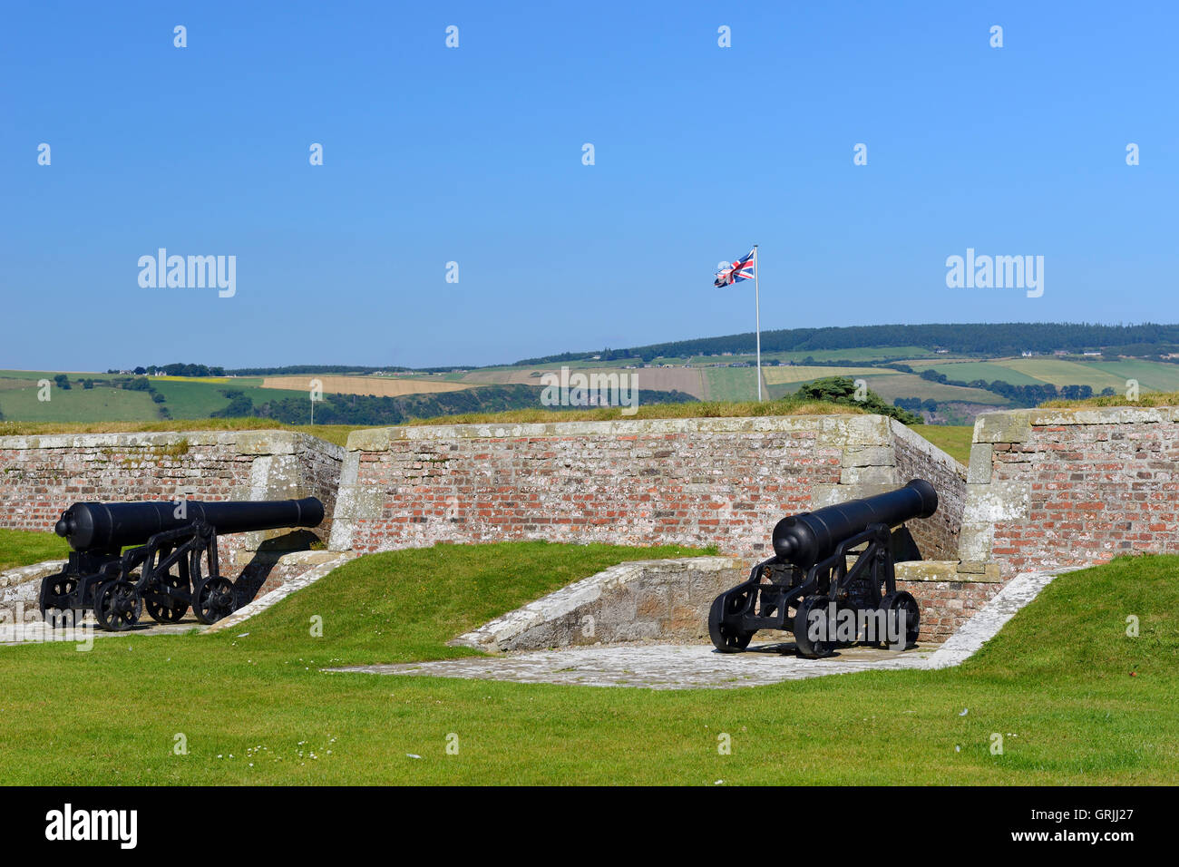 Cannons on Prince of Wales' bastion within Fort George on Moray Coast, Highland, Scotland Stock Photo