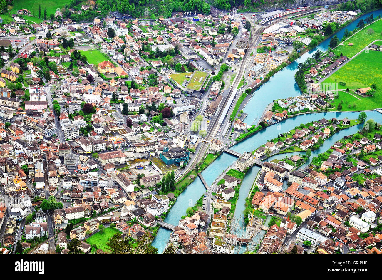 Top view of Interlaken town, central Switzerland Stock Photo