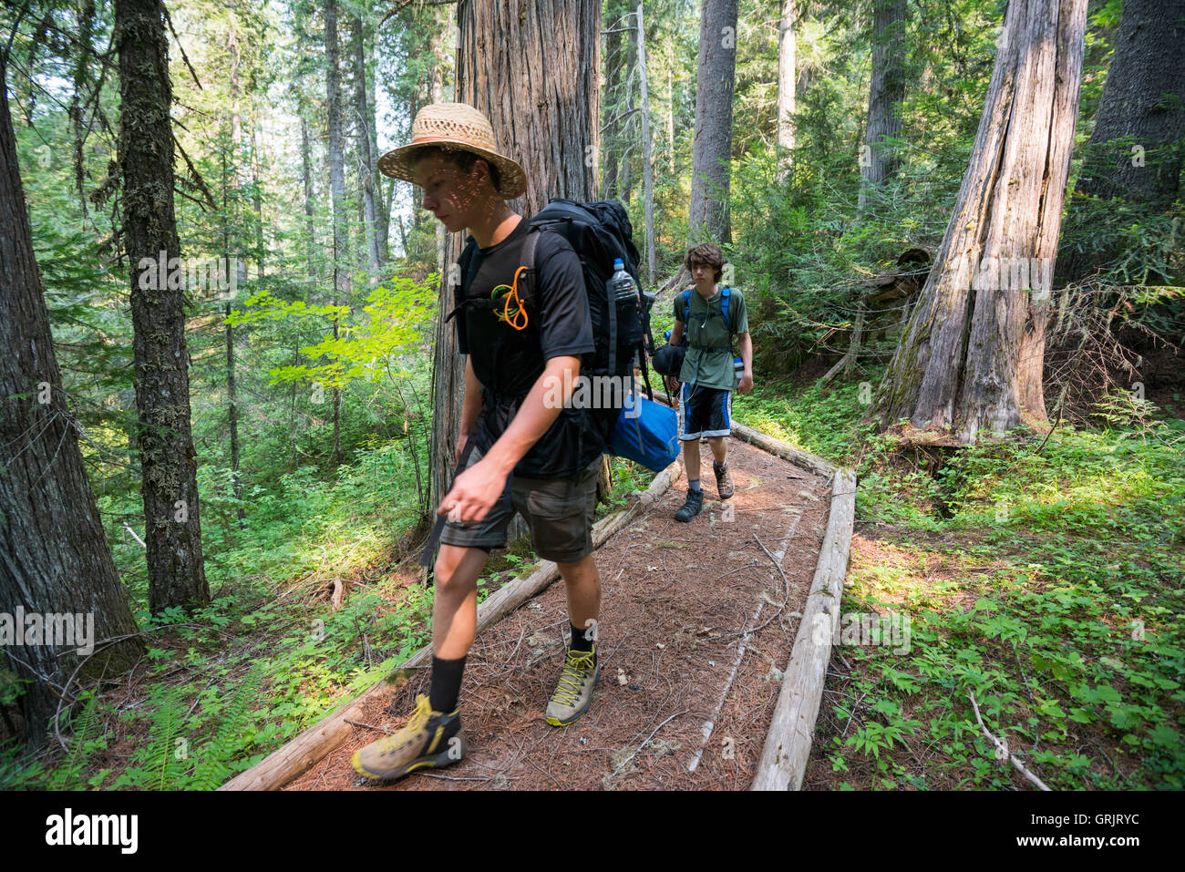 A group of Boy Scouts backpack along the Lewis and Clark Trail near