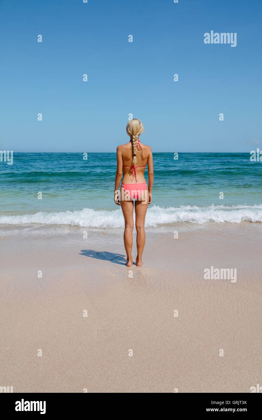 Rear view of sensuous woman wearing bikini at beach. Young female in swimsuit standing on the seashore and looking at the sea. Stock Photo