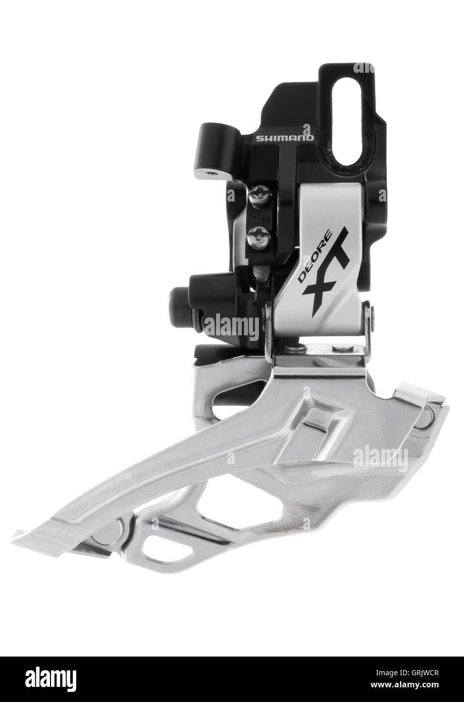 Shimano XT FD-M786 direct mount front derailleur on white background Stock Photo