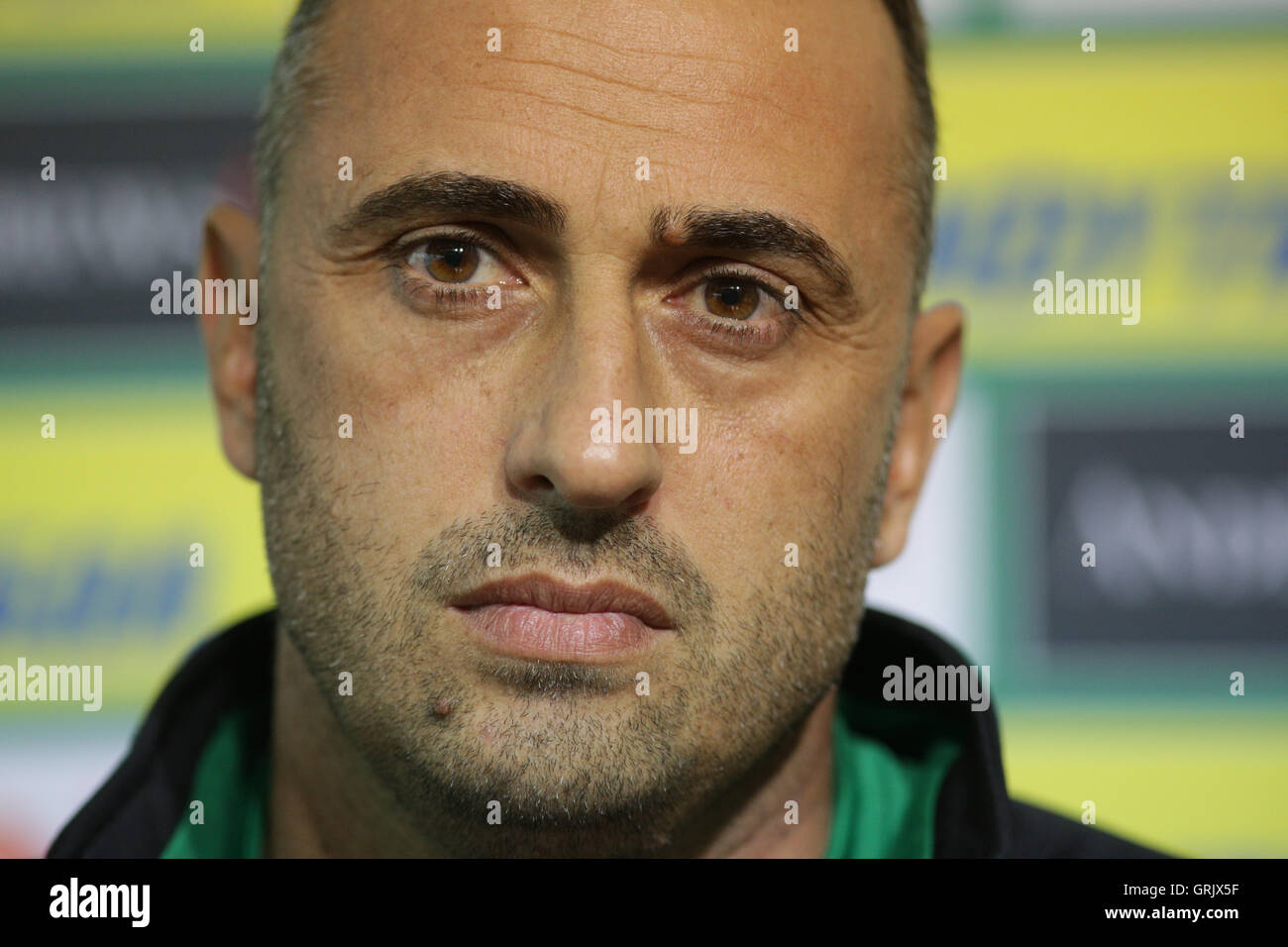 Sofia, Bulgaria - September 5, 2016: Manager of Bulgaria's national football team Ivaylo Petev is speaking to the media during a Stock Photo