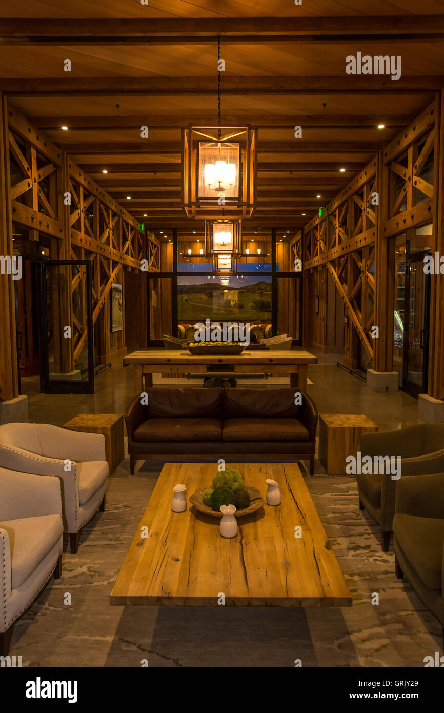 Indoor seated wine tasting area, wine tasting area, wine tasting room, tasting room, Joseph Phelps Vineyards, Napa Valley, Napa County, California Stock Photo