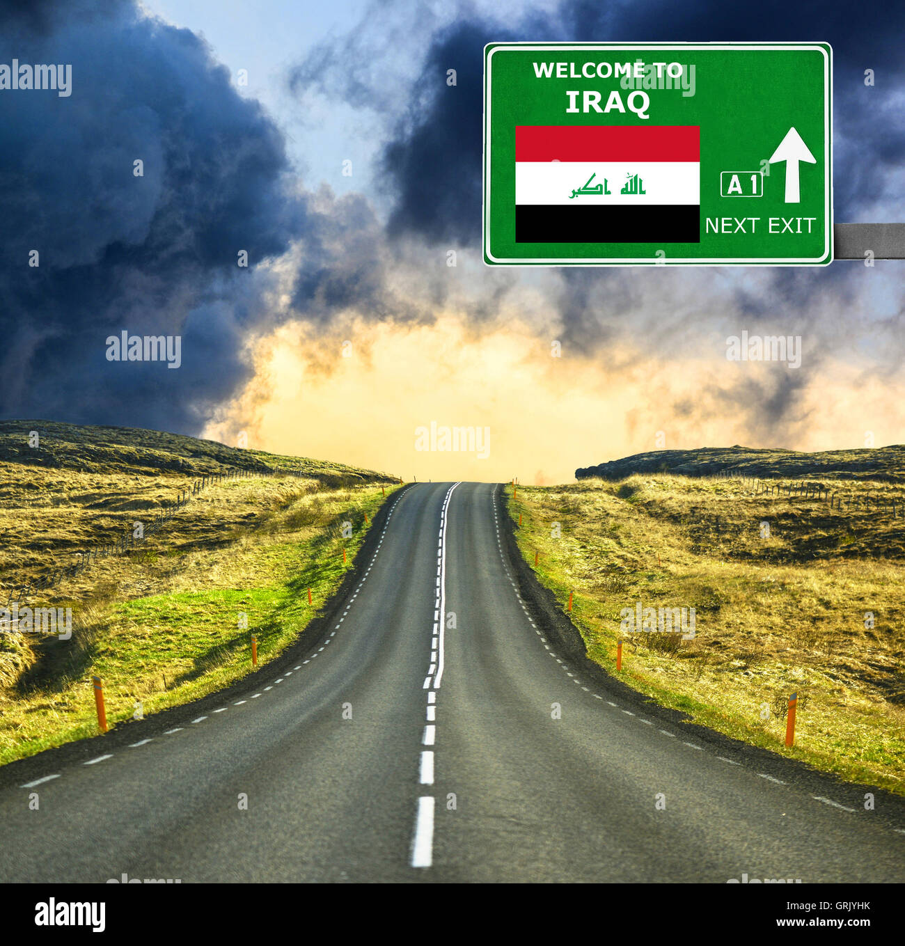 Iraq road sign against clear blue sky Stock Photo