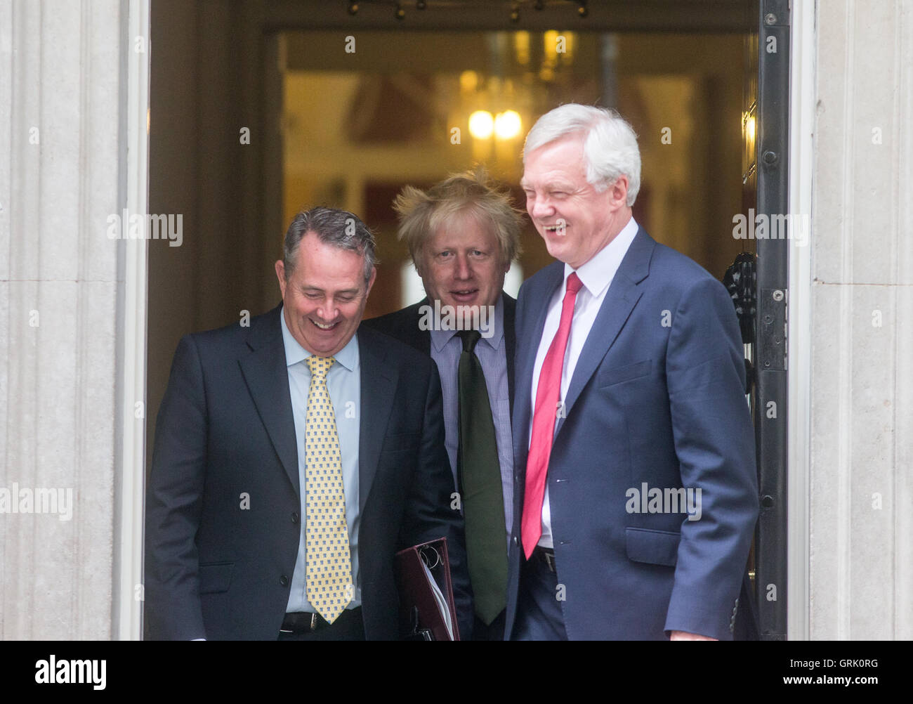 Liam Fox,Boris Johnson and David Davis,the three Brexiteers,leave number 10 Downing Street after a Cabinet meeting Stock Photo