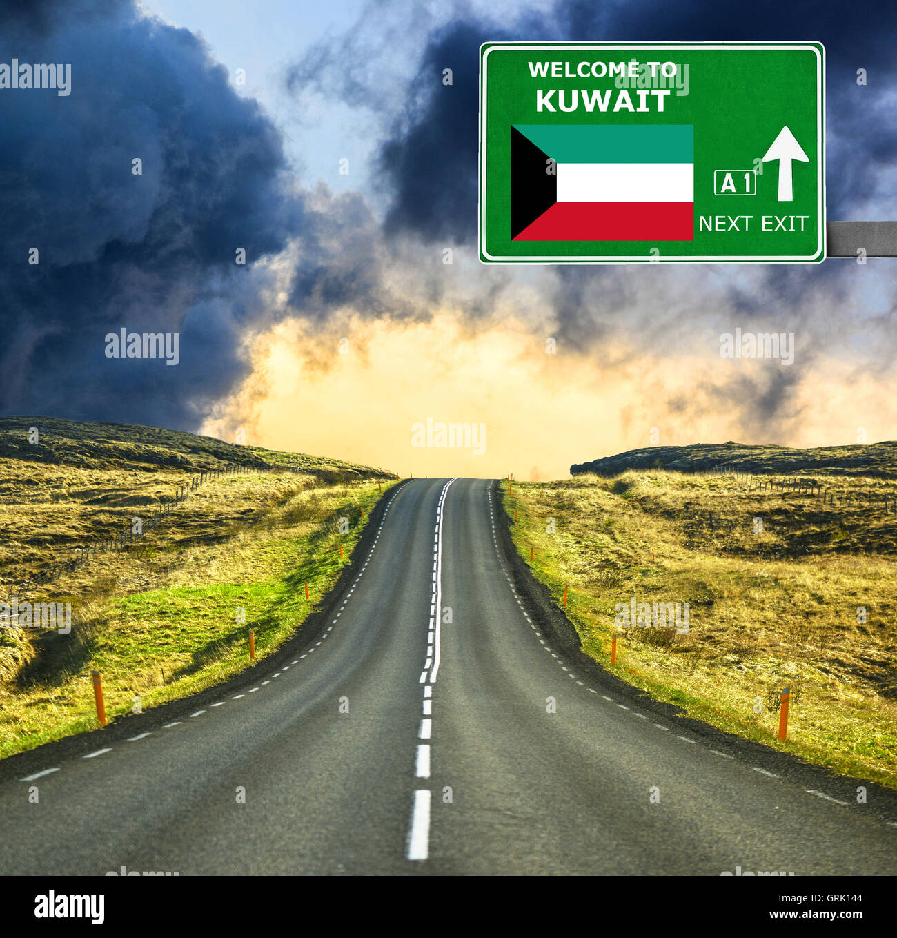 Kuwait road sign against clear blue sky Stock Photo