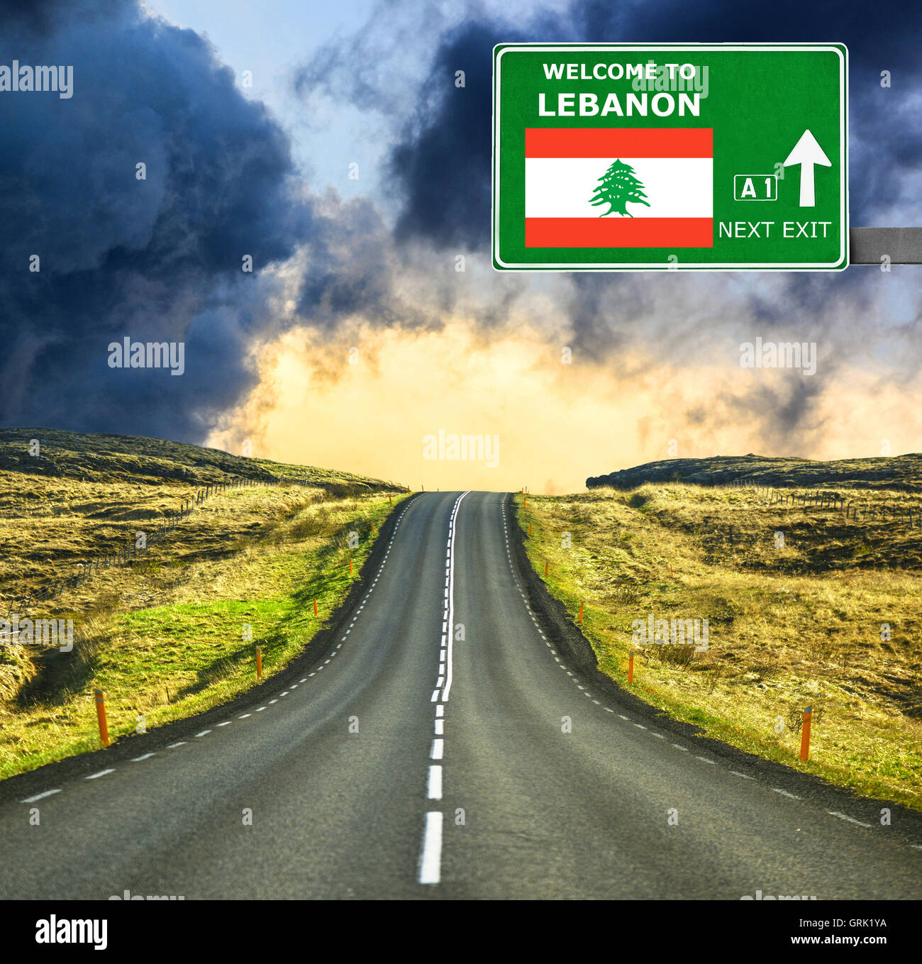 Lebanon road sign against clear blue sky Stock Photo