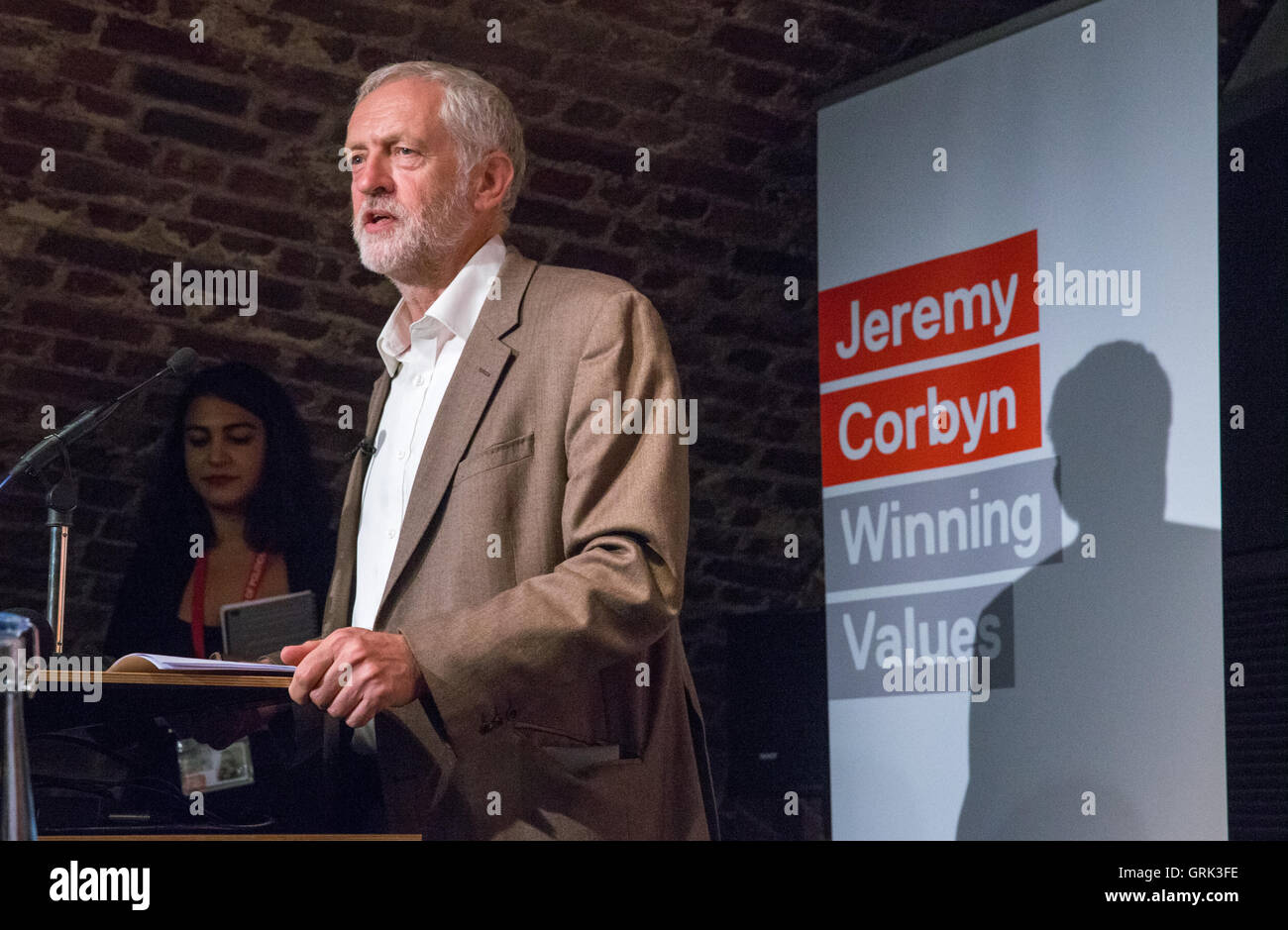 Labour leader,Jeremy Corbyn,speaks at an event in London as the band UB40 show their support for him Stock Photo
