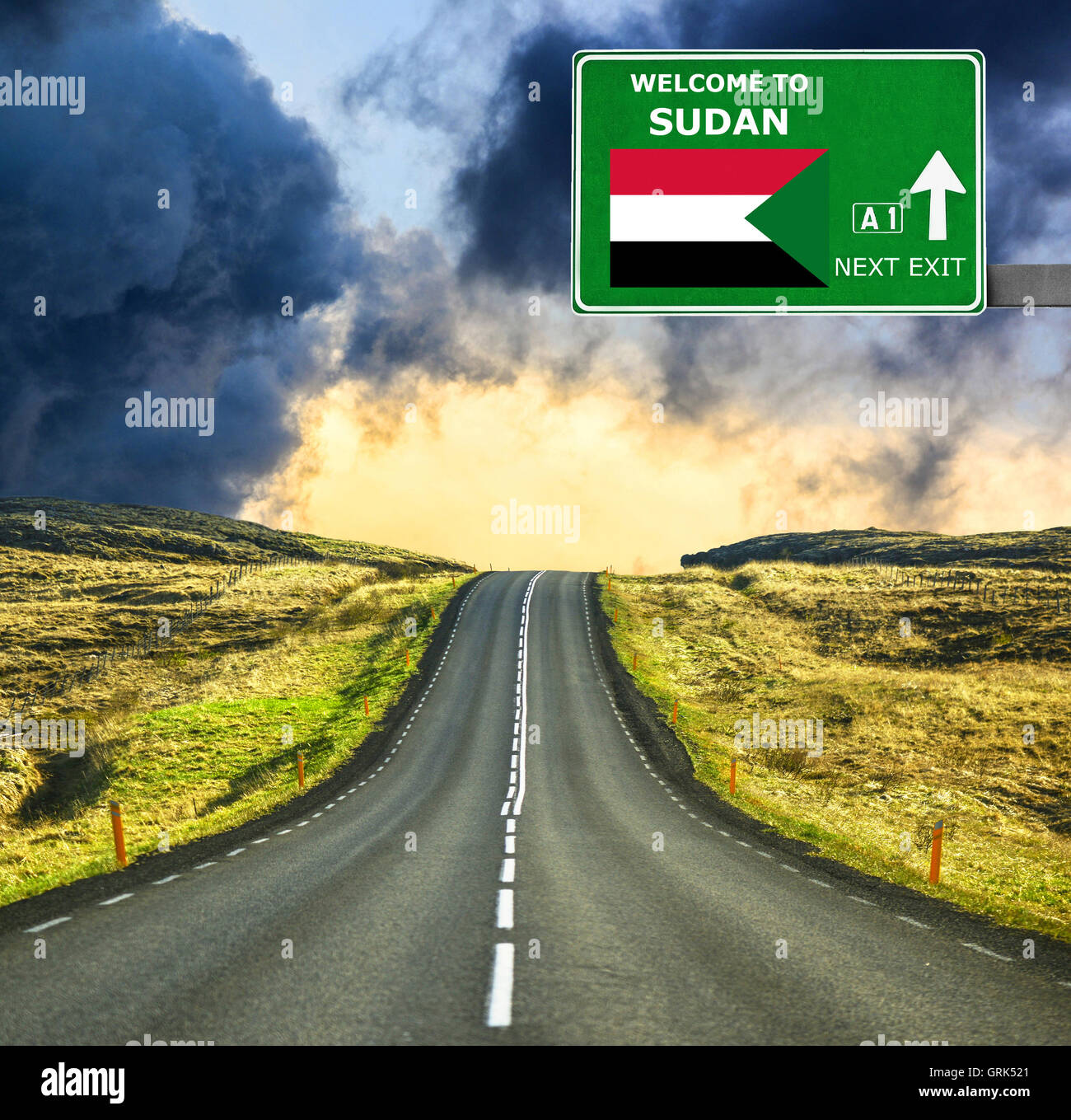 Sudan road sign against clear blue sky Stock Photo