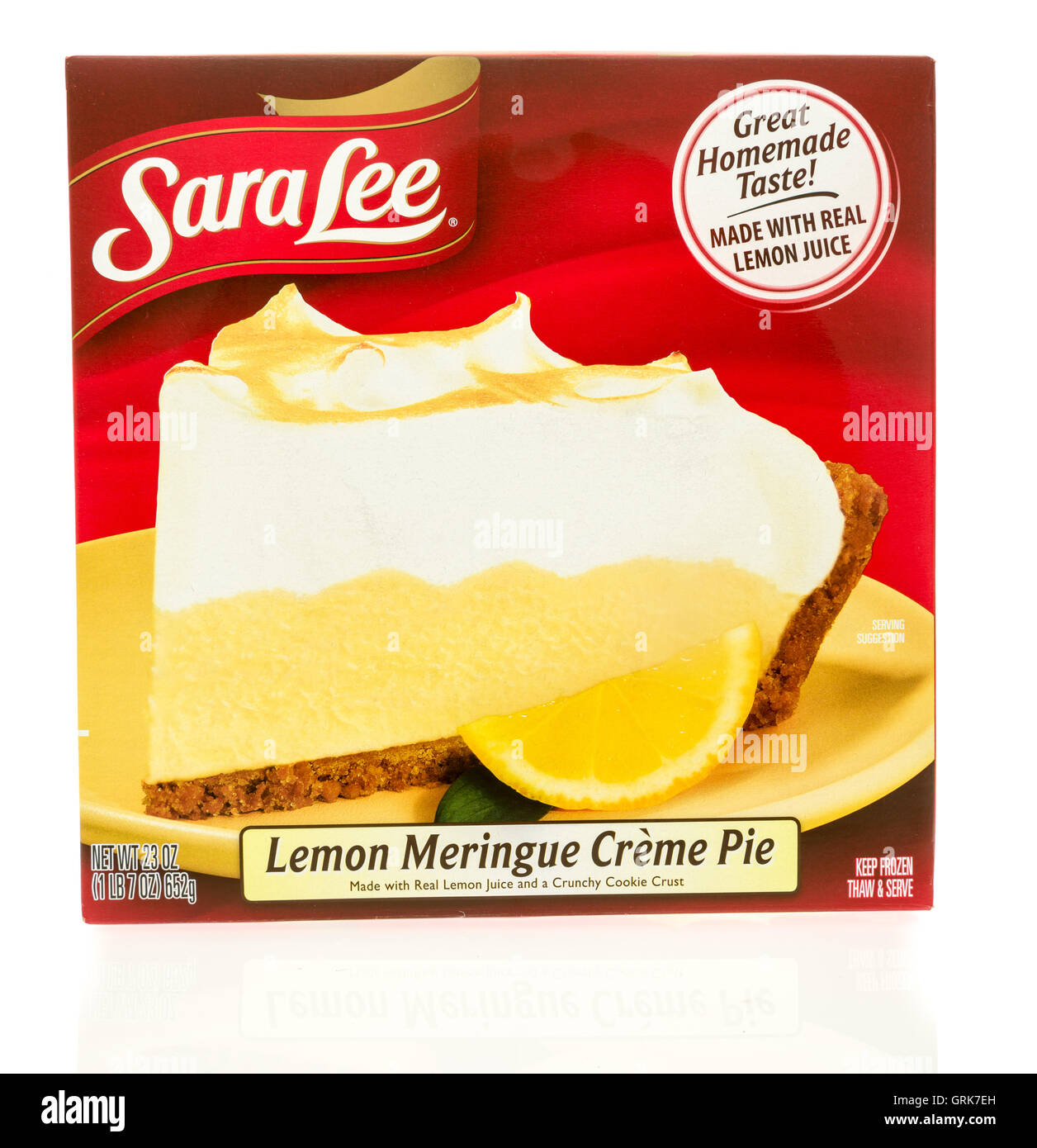 Winneconne, WI - 1 August 2016: Package of Sara lee lemon meringue creme pie on an isolated background. Stock Photo