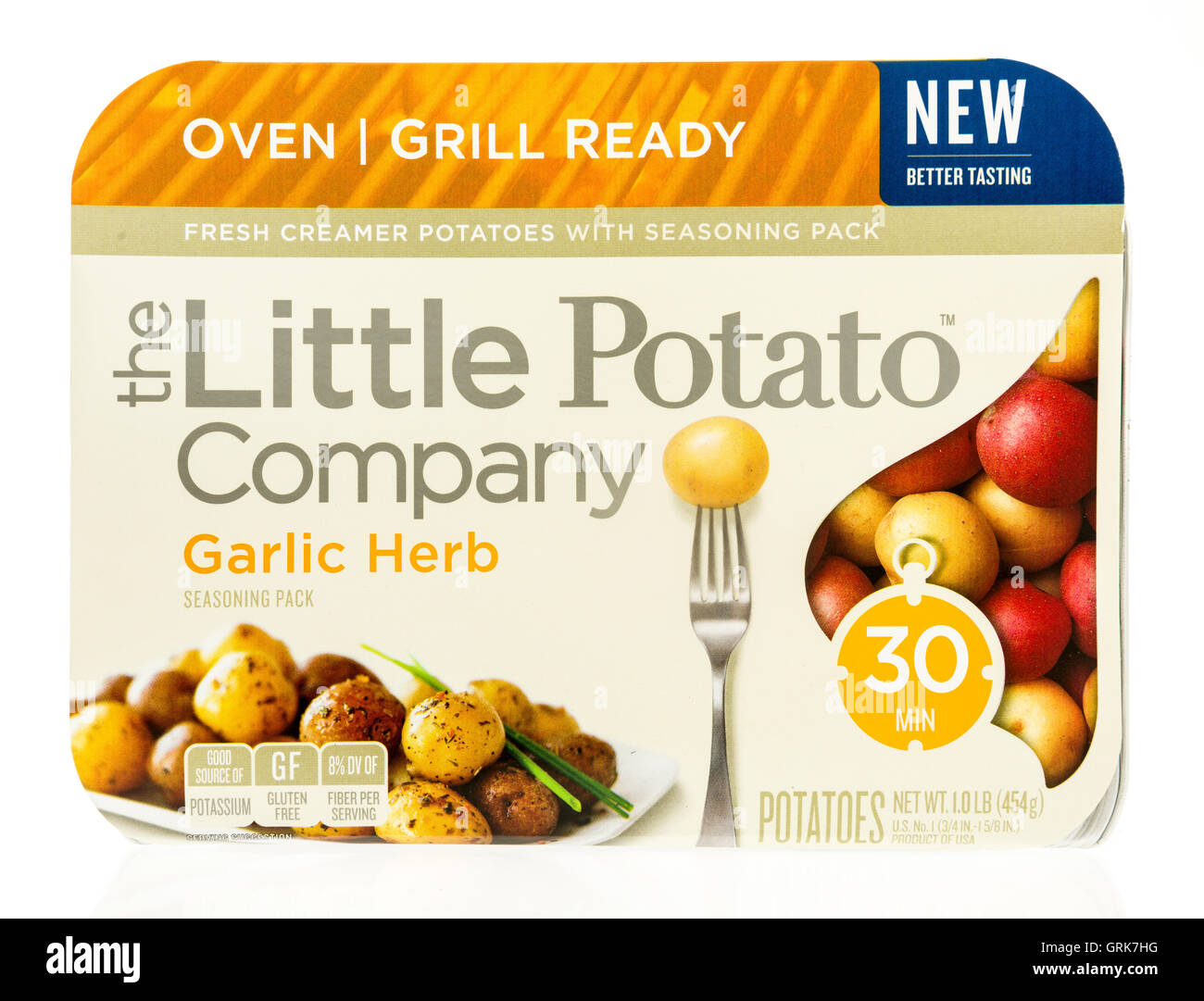 Winneconne, WI - 1 August 2016: Package of The little potato company oven or grill ready potatoes in garlic herb flavor on an is Stock Photo
