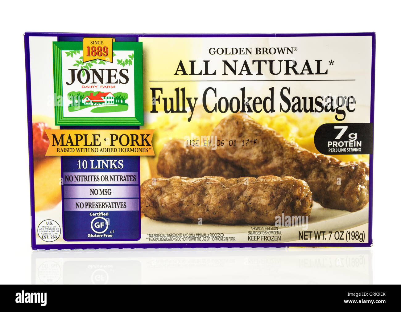 Winneconne, WI - 8 August 2016: Box of Jones fully cooked sausage links on an isolated background. Stock Photo