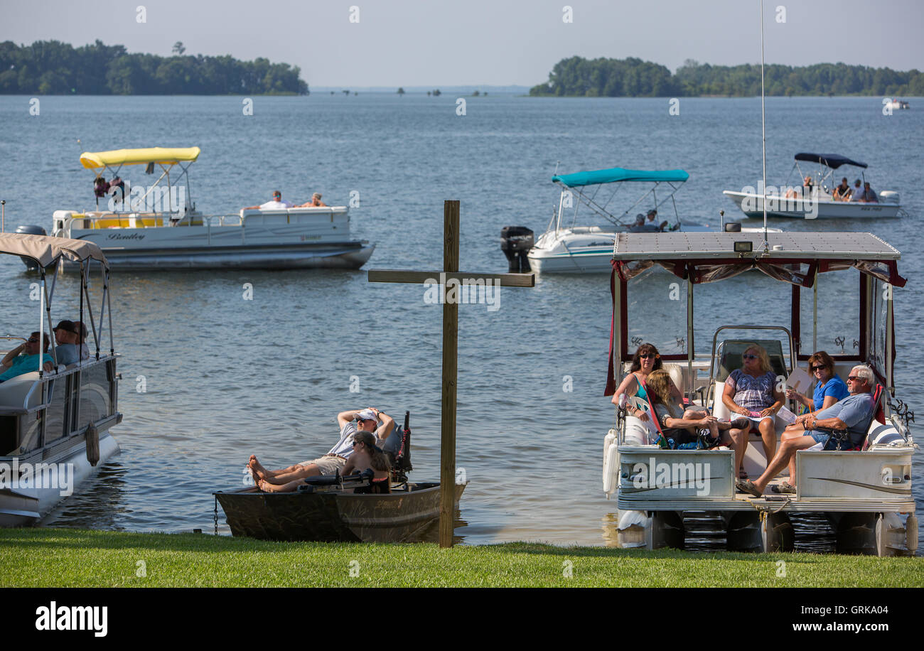 Boat church at Lake Marion, South Carolina. Led The Rev. Dr. Reginald
